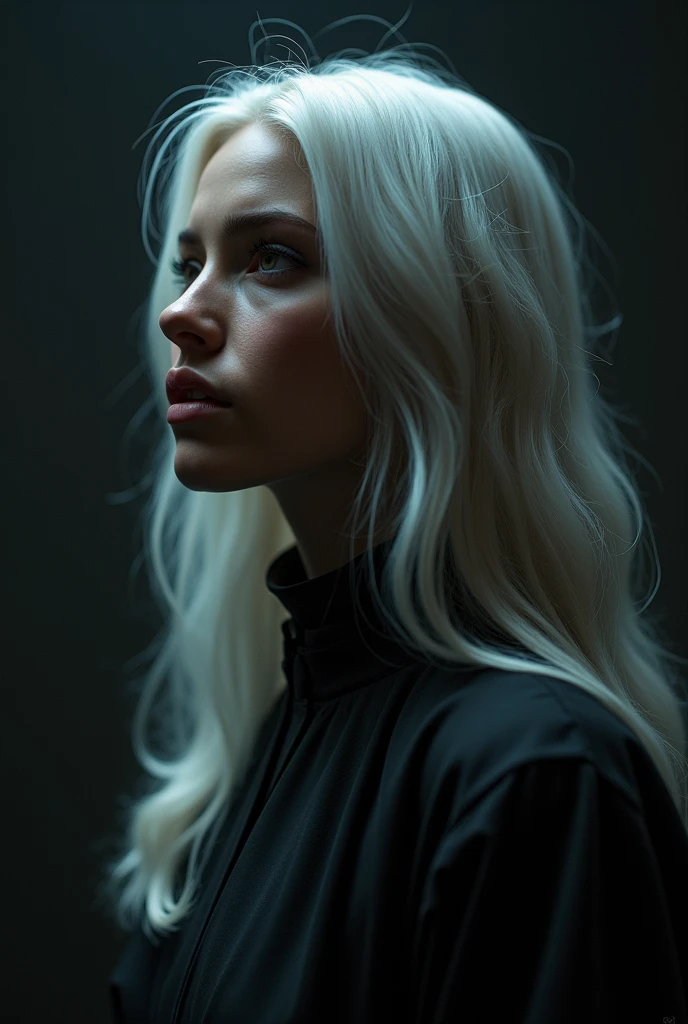 beautiful model, straight silver hair, brown eyes, long hair, Big breasts, tears coming out of eyes, black background, black t-shirt, profile look