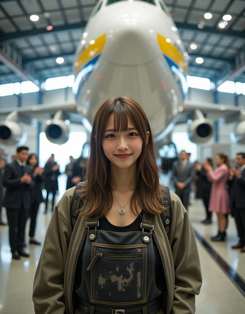 ultra-realistic, photorealistic, dramatic scene, shadow, global-illumination, solo, (20 years old Japanese famous idol girl:1.5), very beautiful fragile Japanese girl, very beautiful with very cute face, (aircraft mechanic, detailed face skin texture:1.2), (wearing an oil stained mechanic's outfit with jacket:1.2), She is standing, there is the largest aircraft of Antonov AN-225 aircraft that was completely repaired and repainted, at the Aircraft hangar lavishly decorated to celebrate the completion of aircraft restoration, flowers, Many Ukrainian people attending the celebration ceremony, white airplane with yellow and blue lines, the aircraft has 3 jet engines per wing, huge tail H-wing, Large main wing attached to the upper end of the fuselage of an aircraft, (front side view of the aircraft), She looks so happy, smile, everyone is clapping hands, confetti