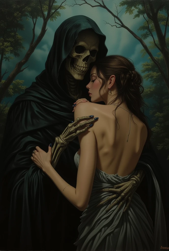 ne0nfant4sy, cowboy shot, masterpiece,  a painting of a stunningly beautiful woman, A 19th-century Victorian oil painting by Ernest Normand, illustrating a nude 21 year old woman. An ethereal, emotional scene portraying a young woman, her form uncovered and softly vulnerable, wrapped tenderly around the figure of Death. Death appears as a skeletal, robed Grim Reaper, though his demeanor is more guardian than grim, his bony hand gently resting on the girl’s back as she embraces him. The girl’s expression is a blend of sorrow, acceptance, and comfort, her face pressed softly against his chest. Her hair cascades down her back, and her bare skin seems to glow faintly against the dark, heavy folds of Death’s tattered robe. The background is somber and muted, with dark greens and deep blues reminiscent of an ancient, shadowed forest. Light falls gently upon the girl, casting her in a warm glow, contrasting with the dark presence she clings to, embodying the union of life and death. The style reflects Ernest Normand’s dramatic realism, with meticulous details and rich, deep colors, creating an atmosphere both haunting and deeply intimate. looking at viewer looking at the viewer, seductive smile, inviting smile, 