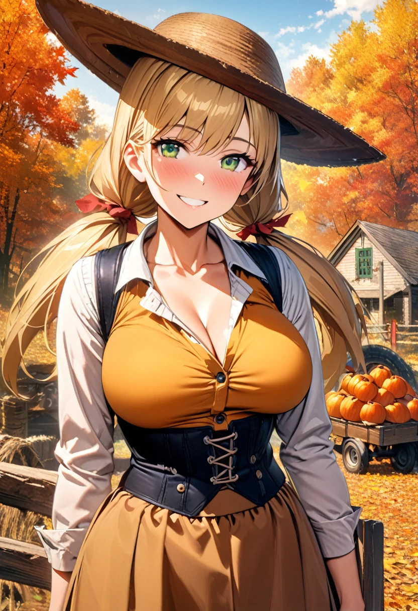 a woman with long blonde hair, long thick twin tails, green eyes, big rim hat, wearing farm clothes with a underbust corset, well detailed, smiling, big breasts, trees in the background, HDR, ultra resolution, well defined, masterpiece, 8K HD. (solo woman), autumn, fall colors, harvest time, New England, tomboy, athletic build, 1950’s, shit unbuttoned,
