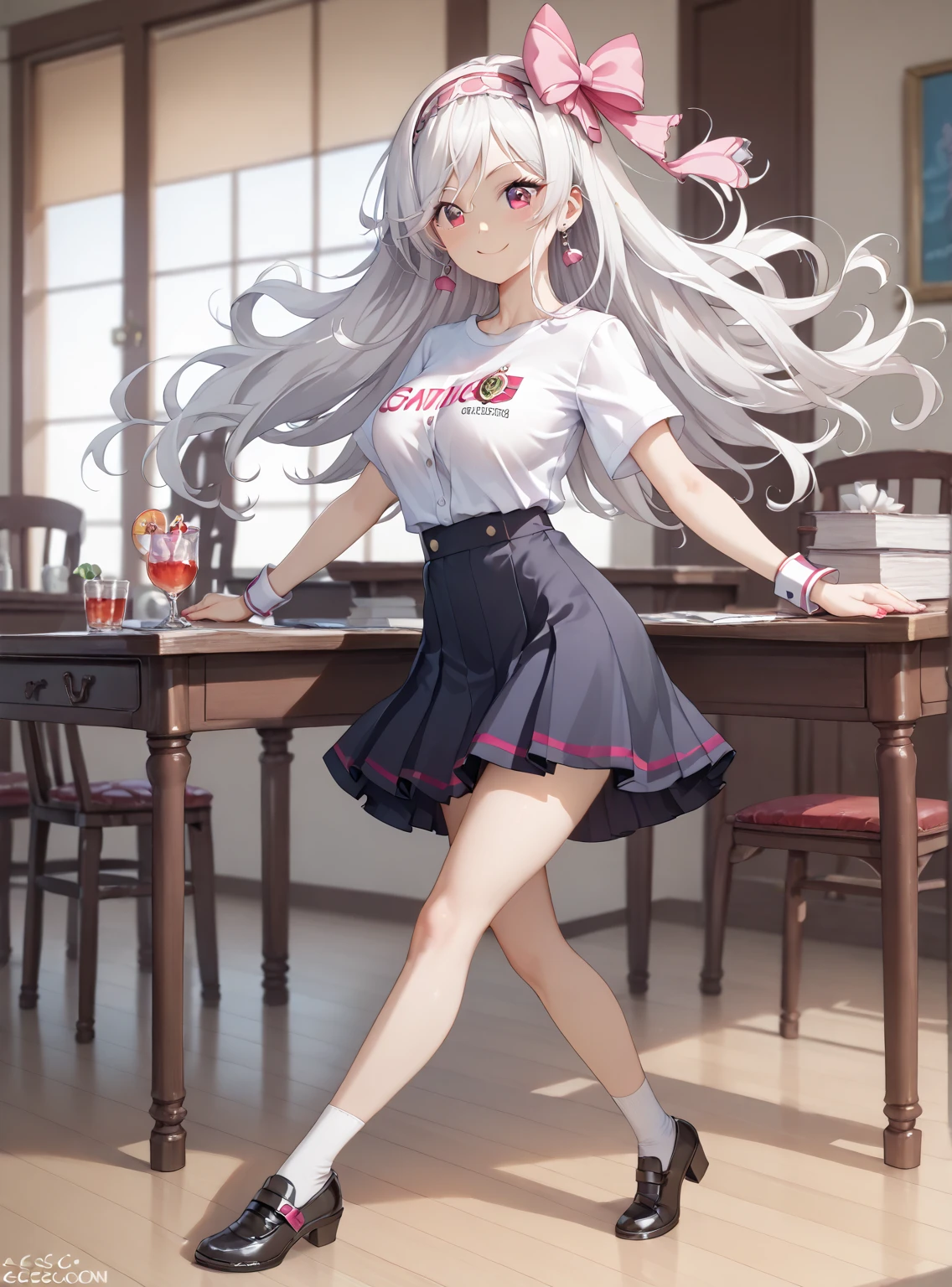 looking at the spectator,  masterpiece, preciso, Detalle, Alta quality , A young girl (Beautiful full body , big breasts,  slim waist,  big ass, long white hair, loose hair, wearing a headband , violet eyes, daring smile ),  Wearing an attractive uniform escolar (white t-shirt with a pink bow and black buttons with the school logo on the left shoulder short brown table skirt), en un aula escolar con una pizarra al fondo y libros,