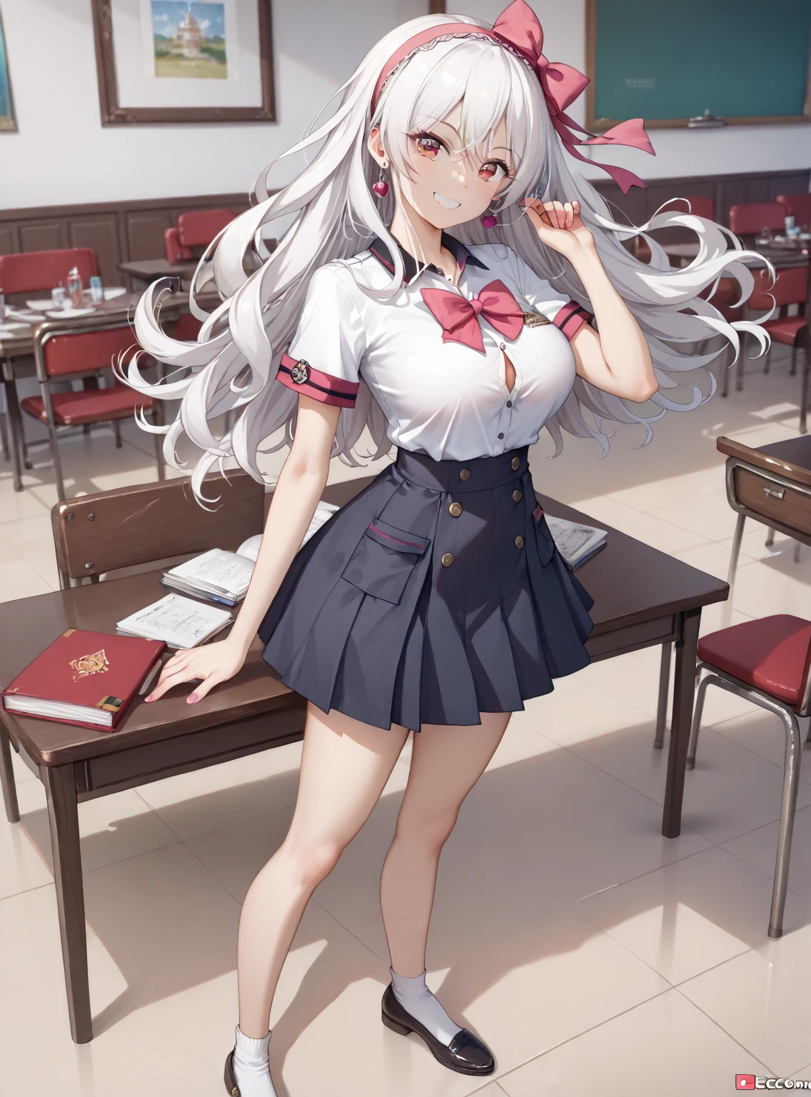 looking at the spectator,  masterpiece, preciso, Detalle, Alta quality , A young girl (Beautiful full body , big breasts,  slim waist,  big ass, long white hair, loose hair, wearing a headband , violet eyes, daring smile ),  Wearing an attractive uniform escolar (white t-shirt with a pink bow and black buttons with the school logo on the left shoulder short brown table skirt), en un aula escolar con una pizarra al fondo y libros,