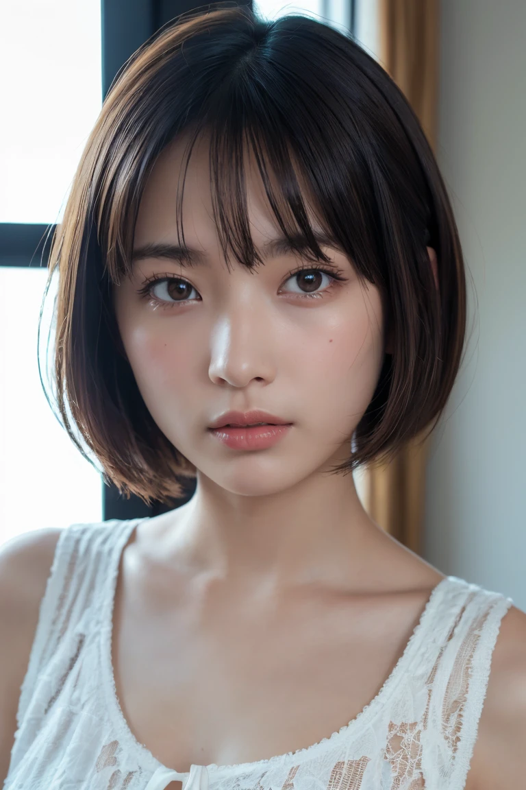 30-year-old female, Very short hair, Face without makeup, Silky white skin, sexy, Narrow waist, Navy blue T-shirt, White wall in the background