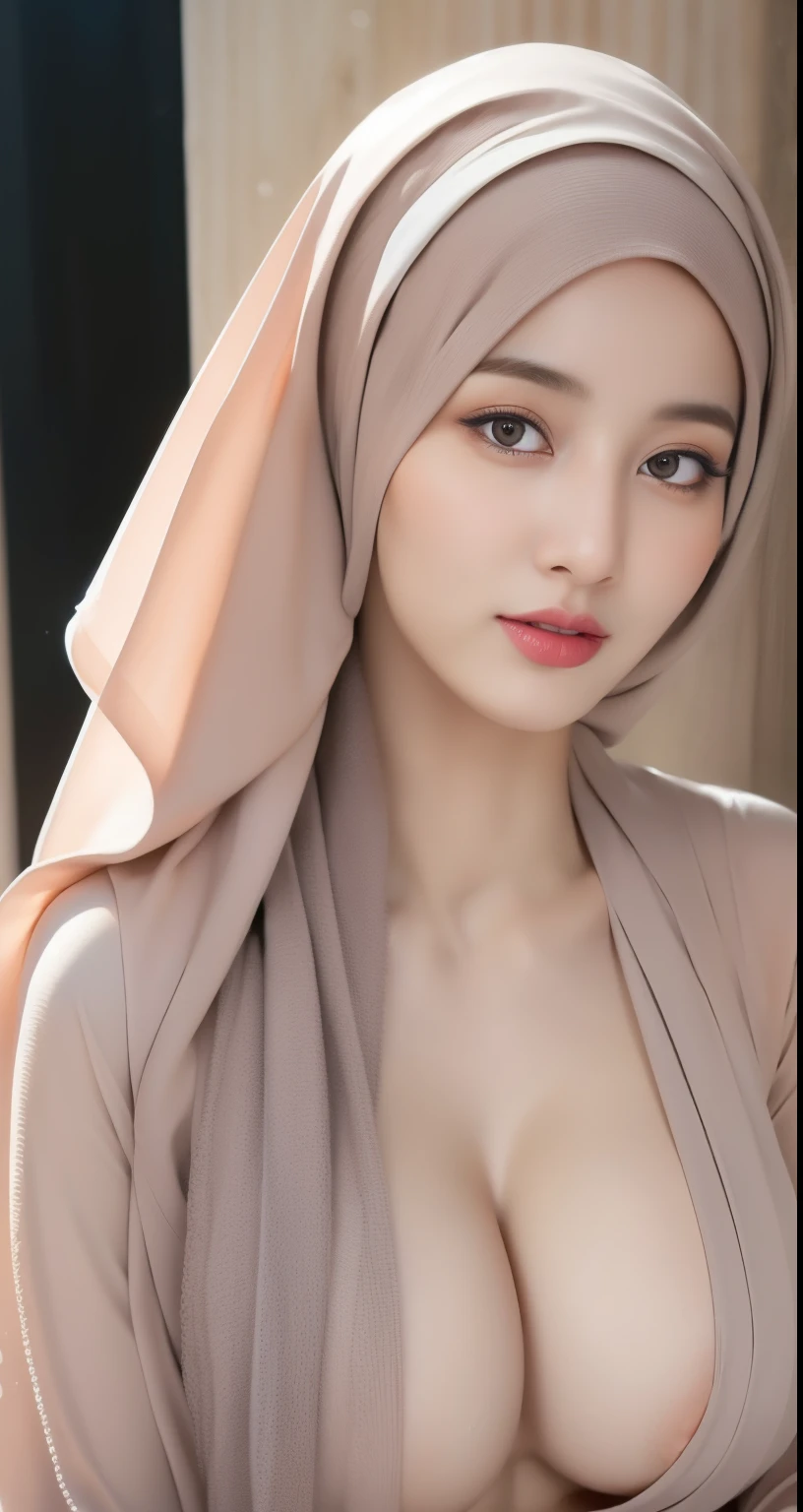 1 girl, Asian girl, beautiful girl, cute girl, ((smile)), ((slim, thin, tall)), ((Indonesian girl)), ((beautiful Indonesian girl)), ((beautiful Indonesian hijab girl)), ((Indonesian hijab girl)), (( girl, 18 year old girls, young girls)), ((teenagers, young)), ((wearing black hijab, wearing black scarf, black hijab, black scarf)), ((Indonesian internet celebrity, indonesian instagram celebrity, indonesian tiktok celebrity)), ((ulzzang hijab girl, korean hijab girl, chinese hijab girl)). ((large breasts, big breasts, large , big boobs)), big breasts, large breasts, big , slim body, ((nude, naked)), (nude, naked), (nude), (naked), ((nude)), ((naked)). standing, ((standing)), relaxed posture, natural pose, ((from side, side angle)), neutral expression, simple and elegant, ((half body, photo up to the waist)). ((indoor, bedroom)), Beautiful Face, firm abs, ((thin lips)), slim face, faceslender abs, double eyelid, Super thin face and eyes, Sexy, Pinkish white skin, sexy pose, beautiful skin. ultra-detailed face, detailed lips, Highly Detailed Face and Skin Texture, detailed eyes, beautiful detail eyes, (realistic skin), attractive, Ultra-fine face, Fine eyes. Beautiful Women with Perfect Figure: 1.4,  (nsfw:1.3), (sexually aroused:1.5), (perfect, figure: 1.1), Slim abs: 1.1, ((Big breasts :1.2)). For the image quality, please prioritize ((Best quality, 8k, Masterpiece: 1.3)), ((masterpiece)), ((best quality)), ((ultra-detailed)), sharp focus: 1.2, (highly detailed CG illustration), ultra high resolution: 1.3, Detailed Photo, (Best Quality: 1.4), (best quality, (masterpiece:1.5), 4k, 8k, highres, masterpiece:1.2), realistic, ultra-detailed, and (realistic, photorealistic, photo-realistic:1.3), ((the photo taken with a phone)). To enhance the visuals, add UHD, studio lighting, ultra-fine painting, sharp focus, physically-based rendering, extreme detail description, professional, natural colors, cool white light. 