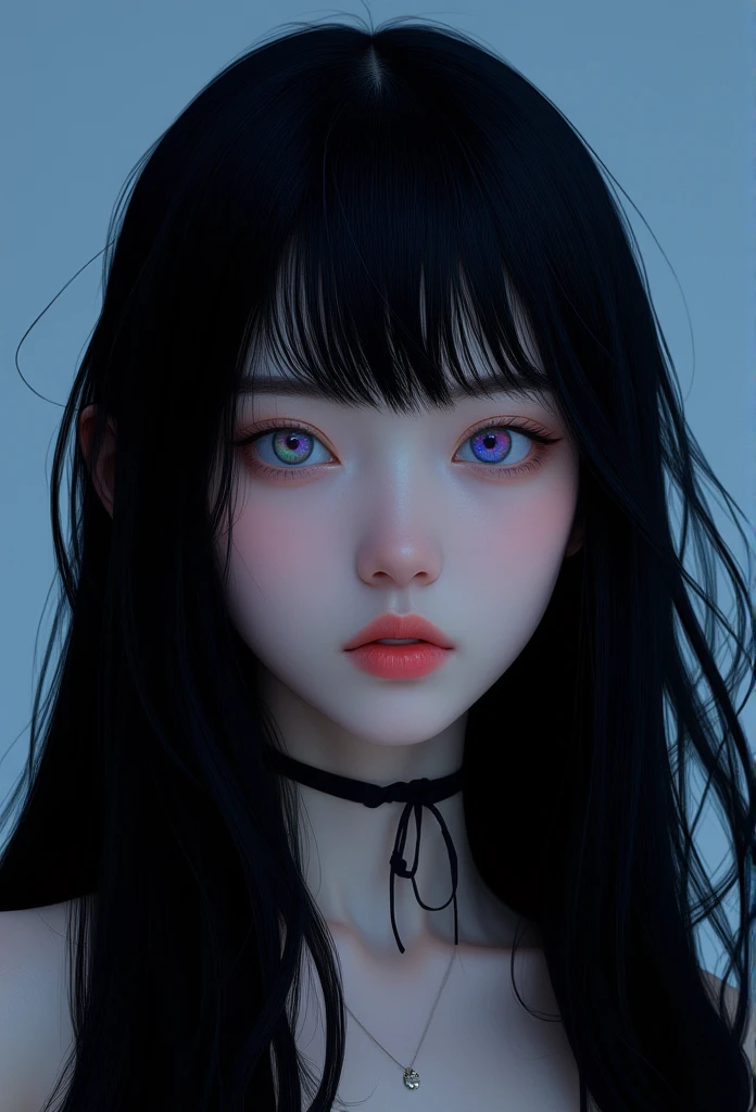 1girl,mahiru shina, Long smooth straight black hair, inner dark iridescent hair, iridescent eyes