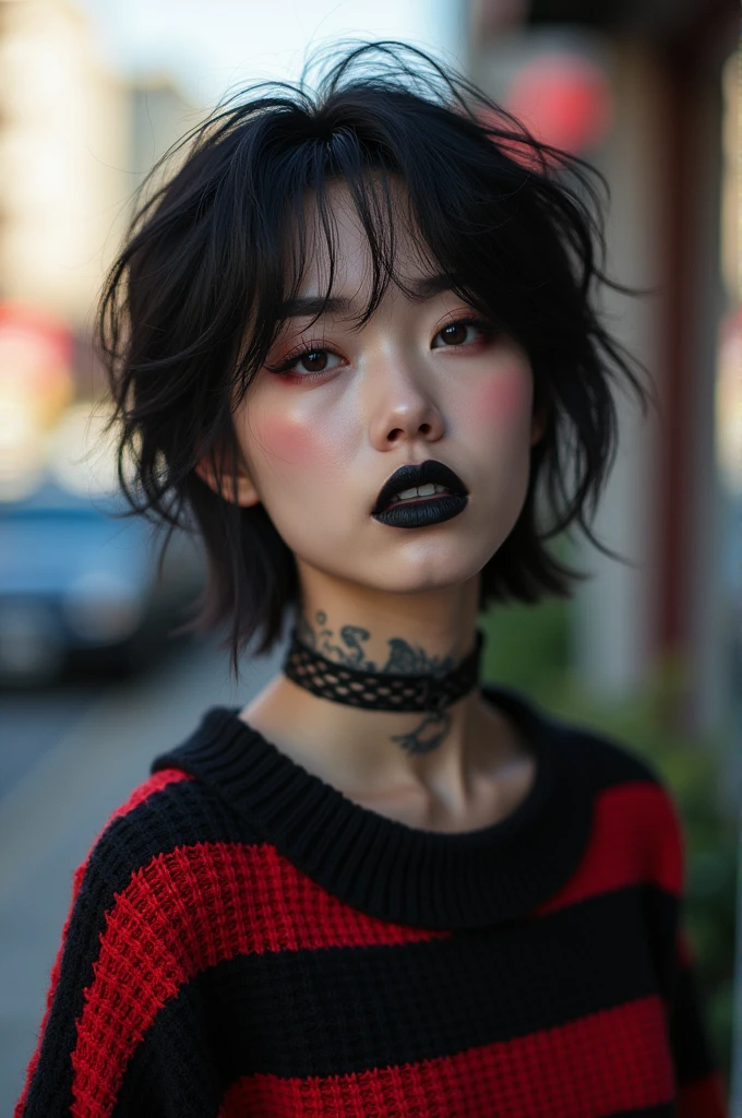 Ultra-realistic, masterpiece, ((Ultra detailed background, Intricate details)), best quality, Intricate details, Chromatic Aberration, woman, 20 years old, black and red striped sweater, long sleeves, outdoors, sidewalk, short hair, messy hair, black hair, black lipstick, neck tattoos, face tattoos, Asian, choker, mascara, eye shadow