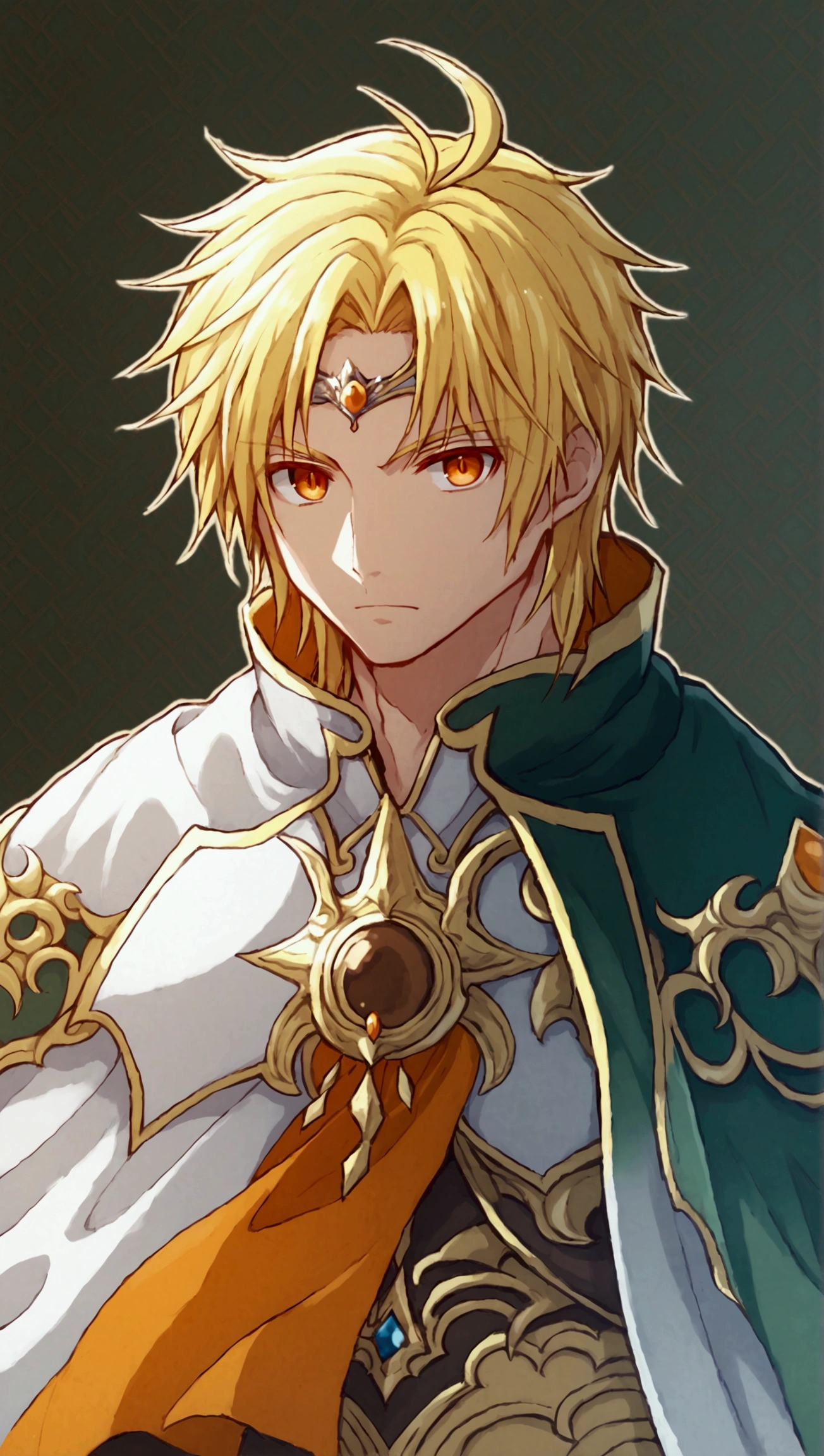 ((Highest Quality))), (Simple background), Solo, character sheet, fullbody, 1boy, hair Intakes, Blonde Hair, parted bangs, ahoge, orange eyes, tsurime, sanpaku, circlet, fantasy clothes, light armor, cape, hood down