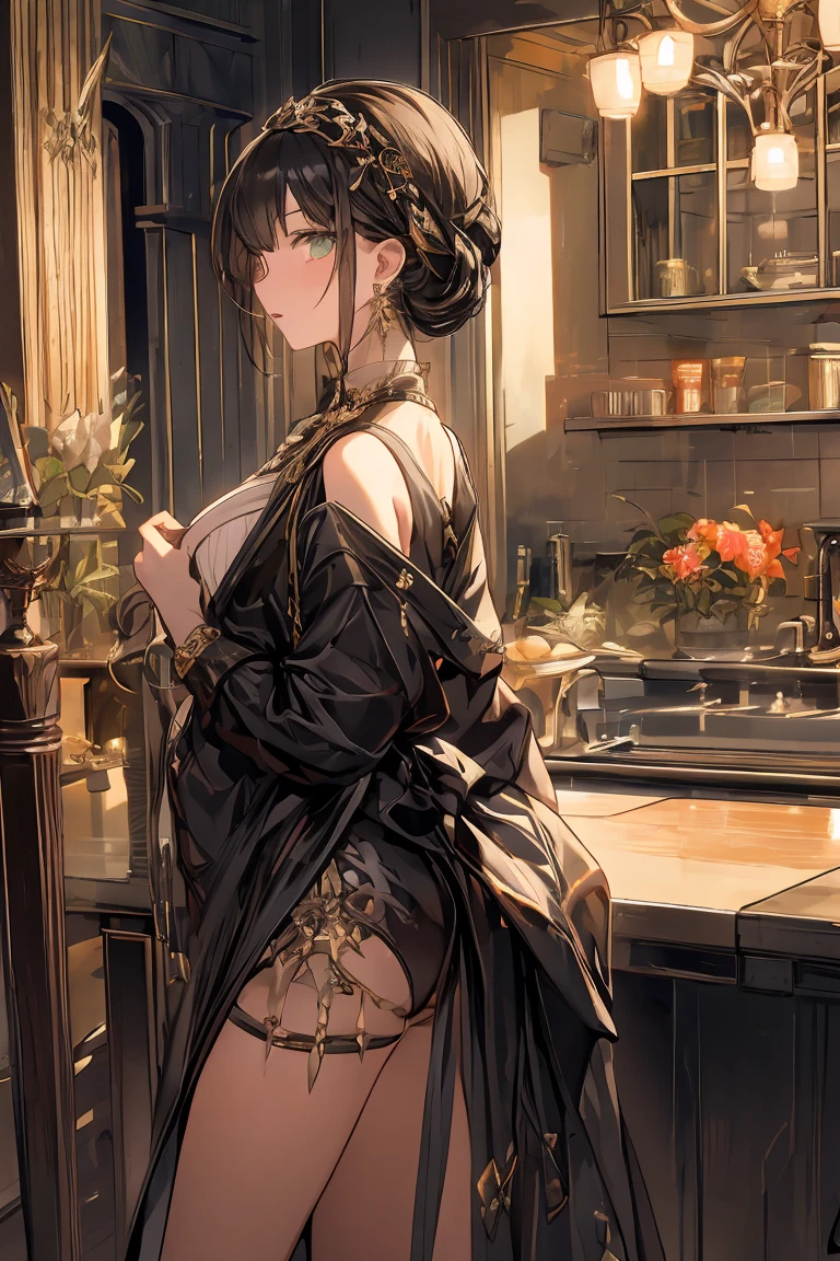 1 girl, marci, (shoulder length brown hair), loose hair, yellow eyes, detailed eyes, black stockings, ((black lingerie)), slightly bigger thighs, (muscular)