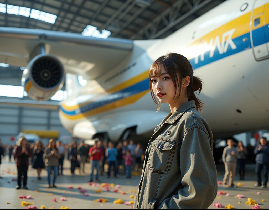 ultra-realistic, photorealistic, dramatic scene, shadow, global-illumination, solo, (20 years old Japanese famous idol girl:1.5), very beautiful fragile Japanese girl, very beautiful with very cute face, (aircraft mechanic, detailed face skin texture:1.2), (wearing an oil stained mechanic's outfit with jacket:1.2), She is standing by the wing of the aircraft, there is a impossibly huge aircraft of Antonov AN-225 aircraft that was completely repaired and repainted, at the spacious Aircraft hangar lavishly decorated to celebrate the completion of aircraft restoration, flowers, Many Ukrainian people attending the celebration ceremony, white airplane with yellow and blue lines, the aircraft has 3 jet engines per wing, huge tail H-wing, Large main wing attached to the upper end of the fuselage of an aircraft, (front side view of the aircraft), She looks so happy, smile, everyone is clapping hands, confetti