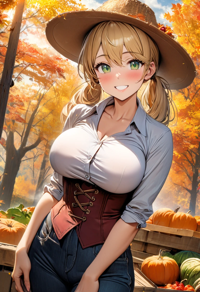 a woman with long blonde hair, long thick twin tails, green eyes, big rim hat, wearing farm clothes with a underbust corset, well detailed, smiling, big breasts, trees in the background, HDR, ultra resolution, well defined, masterpiece, 8K HD. (solo woman), autumn, fall colors, harvest time, New England, tomboy, athletic build, 1950’s, shirt unbuttoned,
