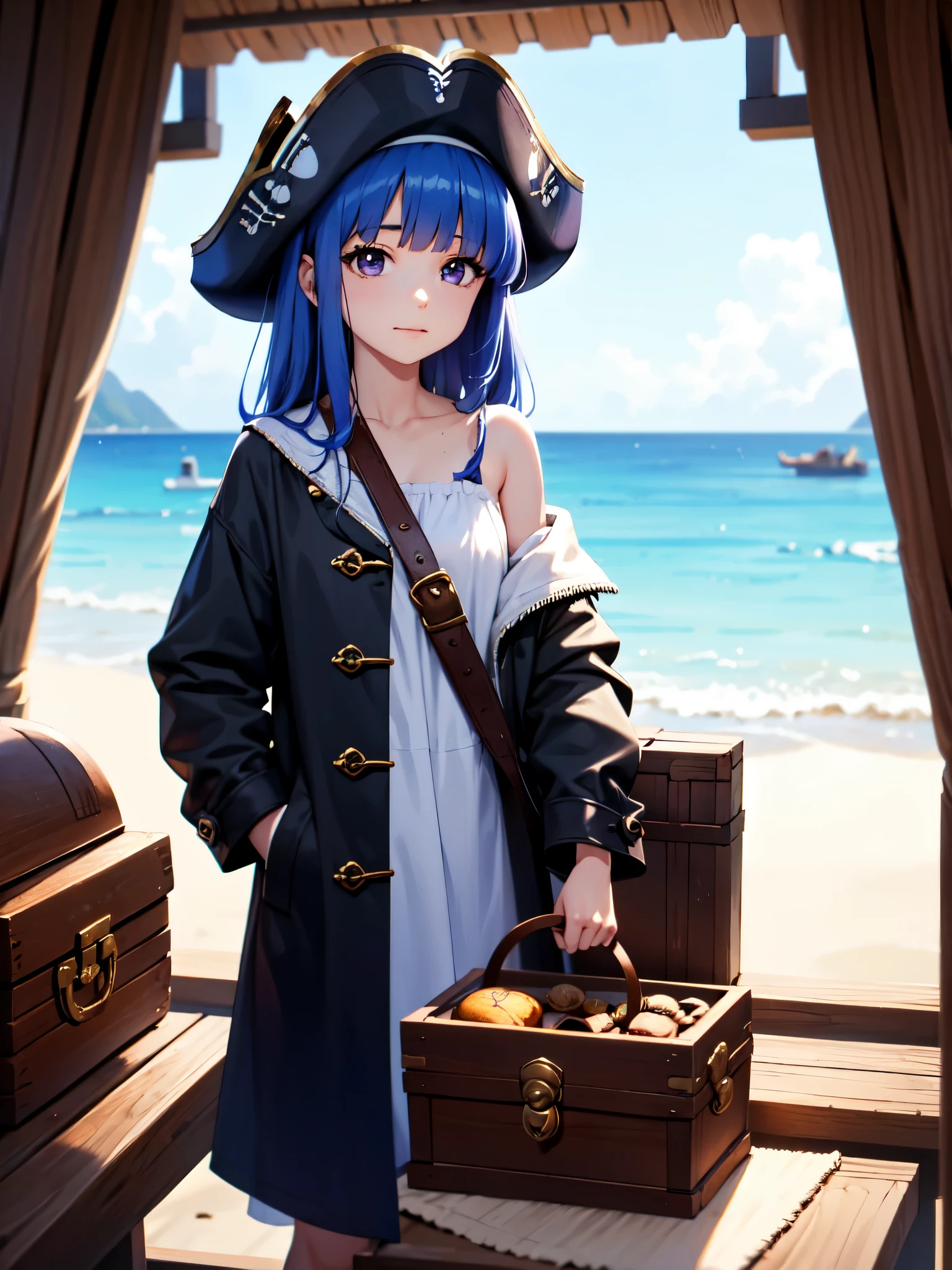 (Eye patch), One Girl, alone, (Furude Rika), Blue Hair, Purple eyes, Long Hair, blunt bangs, bangs, AnimeChibi, Holding a treasure map、Female pirate planning strategy in the cabin of the ship。The eye patch and leather outfit are distinctive.、A treasure chest can be seen behind。A situation filled with tension and adventure。
, pirate, pirate hat, deck, coat, bare shoulder, 