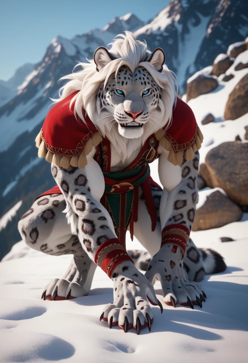 Full body, (Snow leopard, red:1.2), Male, Fuzzy, Front view, with mane, Claws on fingers and toes, with quiver ,  very detailedes Fell,  up in the picturesque high mountains,  highest quality,  high resolution ,  very detailed,  very detaileder Hintergrund