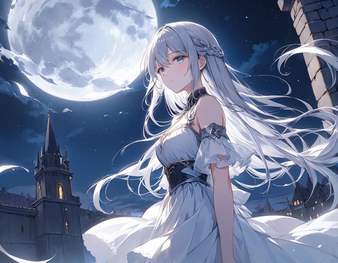 An anime-style painting depicts a serene and poignant scene on the rooftop of a medieval castle. The setting is bathed in the gentle glow of moonlight, casting a mystical aura over the ancient stone architecture. In the center, a girl with flowing silver hair stands, her tresses shimmering under the moon's light. She turns her head slightly, revealing a face with porcelain skin that seems to emit a soft, ethereal mist against the backdrop of the deep night sky. Her eyes, filled with tears, glisten with a melancholic beauty, capturing a sense of longing and sorrow. The moonlight casts delicate shadows, enhancing the contrast between her radiant presence and the dark, expansive sky. The scene is imbued with a sense of solitude and emotional depth, inviting the viewer to contemplate the untold story behind her tears.