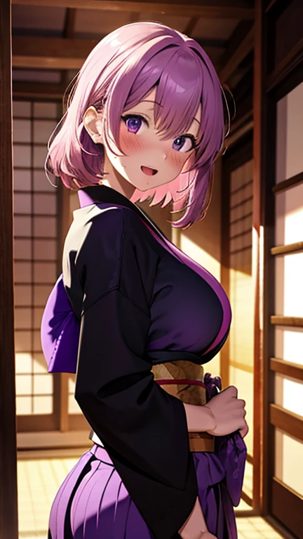 mastute piece,Best Quality,insanely detailed,8k cg,nsfw,
(shoot upper body:1.3),
(1girls:1.3),standing,looking at viewr,body in front,both arms behind back,(kimono),(bare breasts)
break,
blush,shy,(trembling:1.2),(Purple Hair:1.4),
break,
perfect breasts,perfect teats,(open mouth:0.9),(large breasts:1.2),