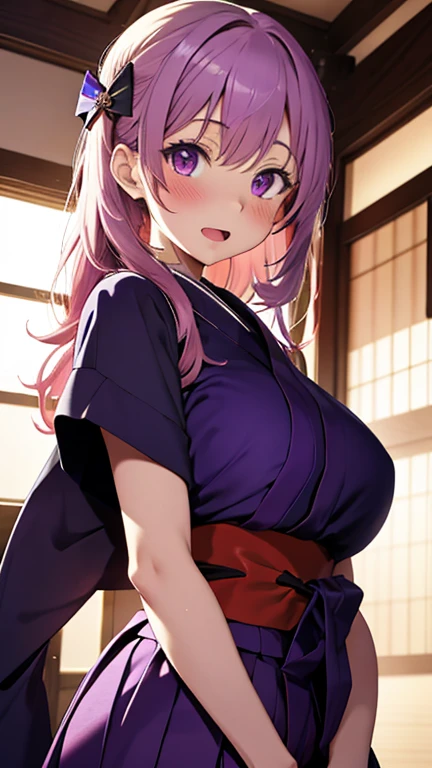 best light, Best Shadows, (Shining), quality, 1girl in, Solo, Purple medium hair, Hieda's Me,I'm Hiedano , Japanese-style room background,red blush、Colossal tits、fullnude、Smiling