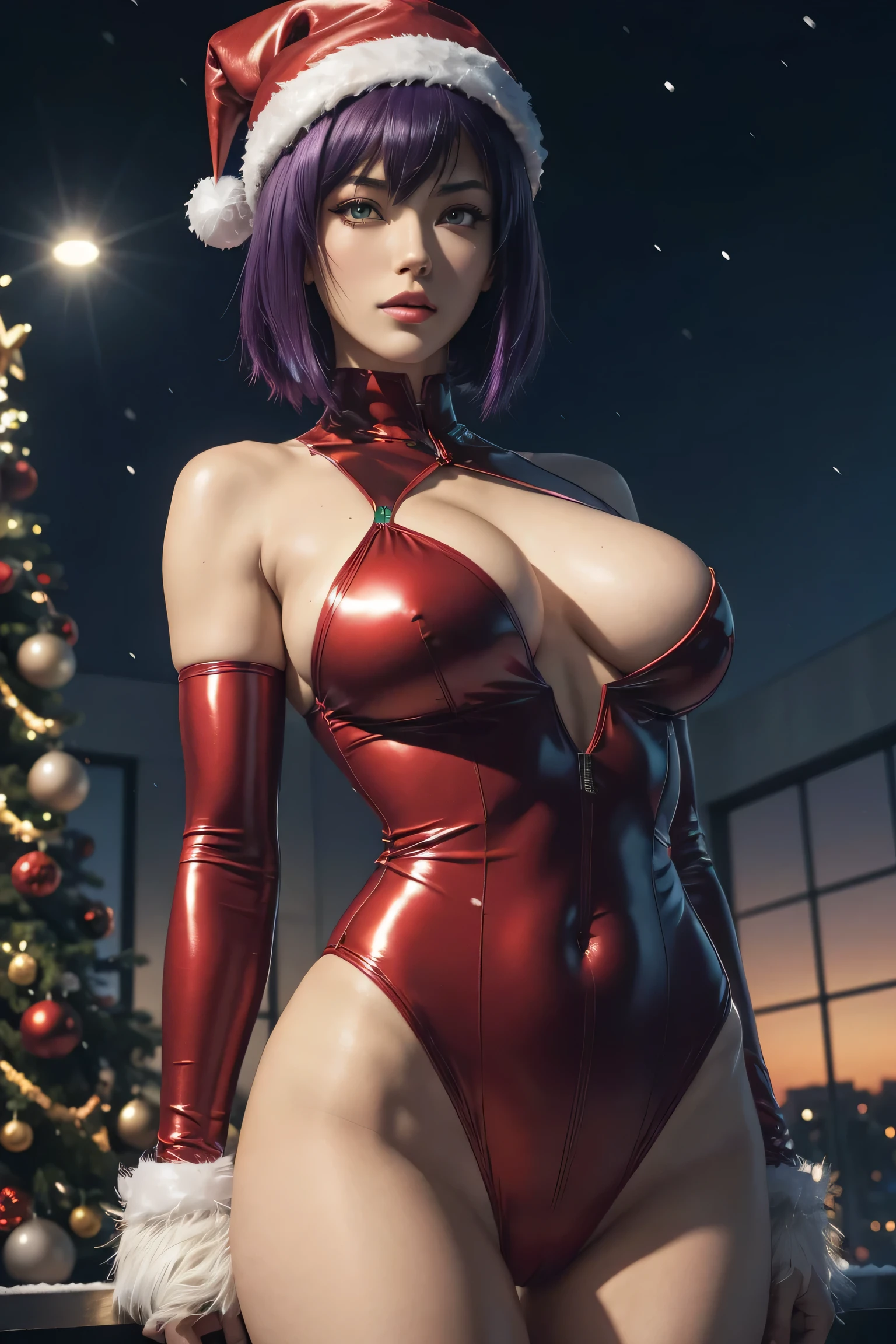 Ghost in the Shell,Motoko Kusanagi,emerald red eye,Purple Hair, shortcuts,Christmas Dresses, photorealistic, super high definition , High Quality ,masterpiece, DSLRs,Detailed details, Elaborate Details ,Based on anatomical basis, showing her vagina in detail , detailed face in a business suit, realistic skin texture,Vivid details, perfect anatomy, perfect anatomy, anatomically correct hand, anatomically correct fingers , super detail , ultra-high resolution energy A , Sexy Poses , Santa Costume with Red Sequins,red Santa hat ,GIFT BODY ,Christmas in the neon city, neon color ,Put it in a nice photo frame and display it,Blue Nails,Beautiful sunset,Clear cold sky,Fantastic sunset, beautiful Christmas scenery , Mysterious Snowy Scenery ,It&#39;s snowing,Beautiful illumination, Christmas Trees That Aren't Too Real,Picturesque, Photographing Her Full Body ,9 heads, pink lips,Gorgeous necklace,Emphasizing the beautiful whole body,Beautiful nails,Black bondage,Beautiful High Leg Thong ,