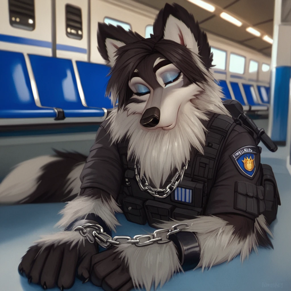 score_9, score_8_up, score_7_up, score_6_up,jenna, blue eyes, no humans, white sclera, anthro, furry, 1girl, wolf, anthropomorphic, body fur, two tone fur, white sclera, doggystyle pov, very extra long haired, anthropomorphic, adult, furry, wolf, wearing a heavy police vest, lying down, panting, transit station,, black tactical uniform, chain collar, adult furry wolf, wavy hair, long slender snout, sleeping, Eyes closed 