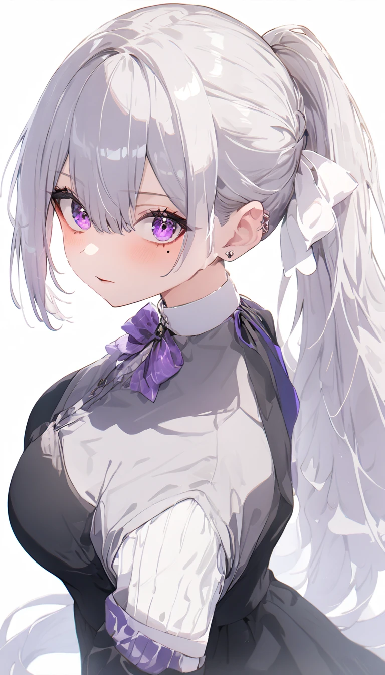  (masterpiece:1.2), ( best quality :1.2),  perfect eyes,  perfect face,  1 girl,hk1, purple eyes, grey hair, hair between eyes, long hair, very long hair, ponytail, mole, mole under eye, bow, white bow,big breasts,