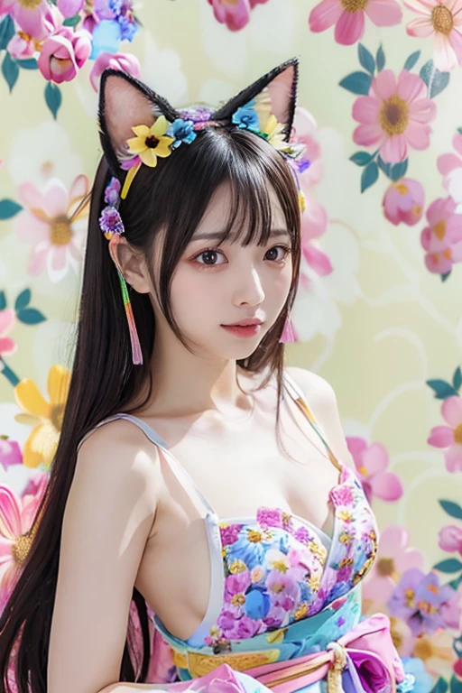 8k, best quality, masterpiece, a photo of a beautiful girl in many flowers, (Flower shower:1.2), (cow print bikini:1.4), (Medium breast), blushed face, Long brown hair, (Japanese idle:1.6), BREAK, (Cat ears:1.2), Looking at the viewer , (colourful Flower background:1.8), (full of colourful flowers:1.5)