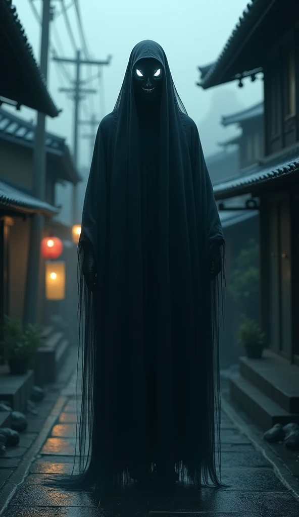 In an old, narrow alley illuminated only by red lanterns, a mysterious figure draped in a black robe and wearing a white, expressionless mask walks slowly. The night is dark, with the red lanterns casting eerie shadows and creating a tense, foreboding atmosphere. The camera captures a close-up of the mask, highlighting its unchanging, captivating gaze. A long shot reveals the quiet, almost abandoned alley, enhancing the feeling of unease. As the masked figure walks, the camera pans to follow their movement, emphasizing the fluidity and purpose in their steps. The scene transitions from a close-up of the figure’s feet to a zoomed-in view of the mask. Special effects include the flickering lantern light, the echoing footsteps, and the rippling reflections in the puddles. The figure pauses, staring into a puddle, and as they reach out, the water ripples, casting a surreal and haunting reflection.