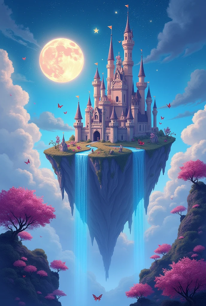 Let there be a big castle in the sky, there is a galaxy.
There are waterfalls, there are waterfalls, there are stars, there are butterflies, there are colorful trees.
There is a moon, there are strange magical creatures. Let's change color to pastel, blue, purple, pink.