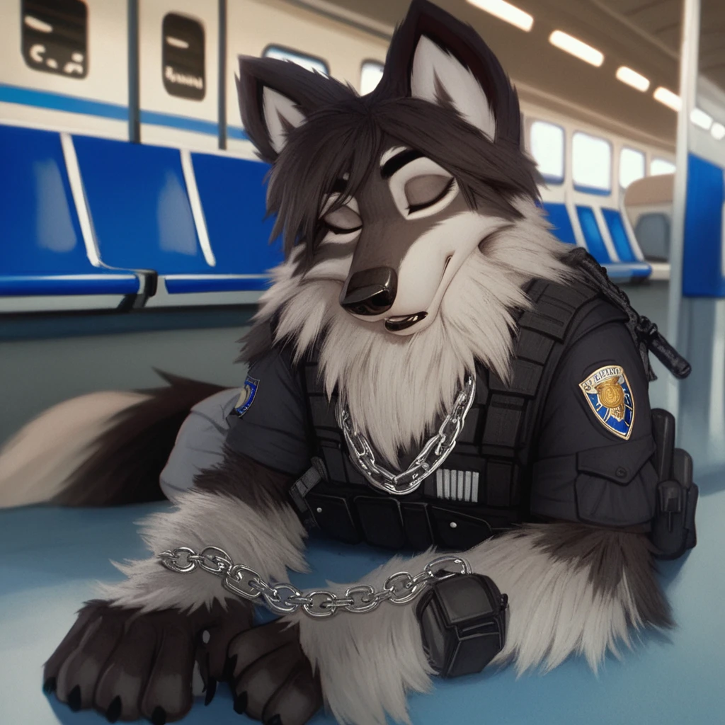 score_9, score_8_up, score_7_up, score_6_up,jenna, very extra long haired, anthropomorphic, adult, furry, wolf, wearing a heavy police vest, lying down, panting, transit station,, black tactical uniform, chain collar, adult furry wolf, wavy hair, long slender snout, sleeping, Eyes closed 