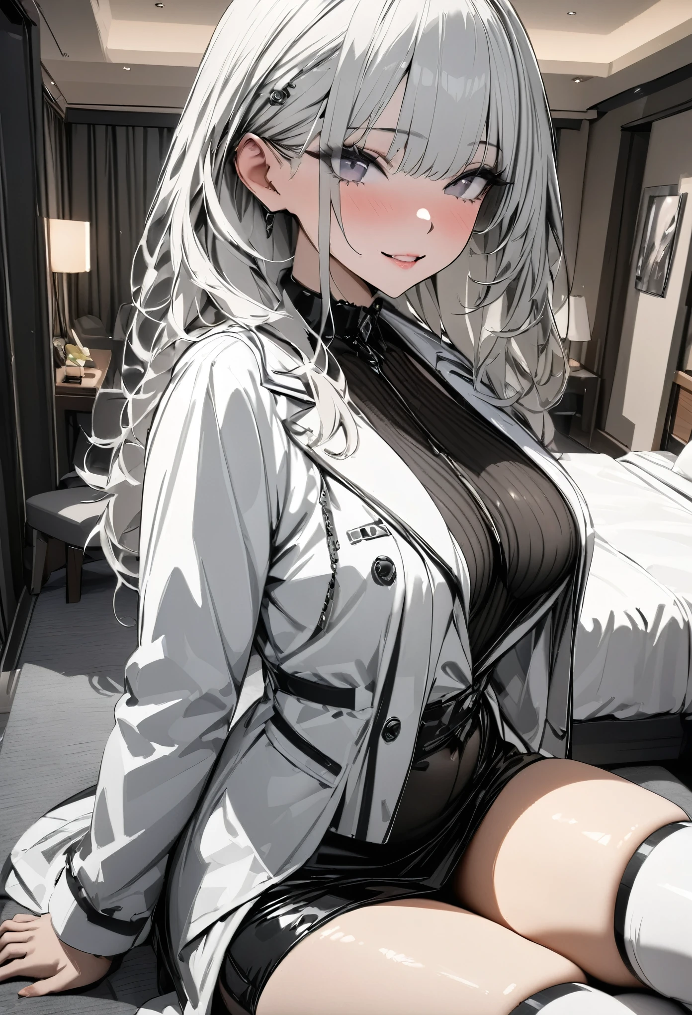 (Highest quality, High resolution, Very detailed), 1 female, Silver Hair, Long Hair, Reddish brown eyes, office staff suit skirt, lace thong, secretary, 24th generation, Beautiful woman, mature, quiet, Calm, Large Breasts, A small smile, office,