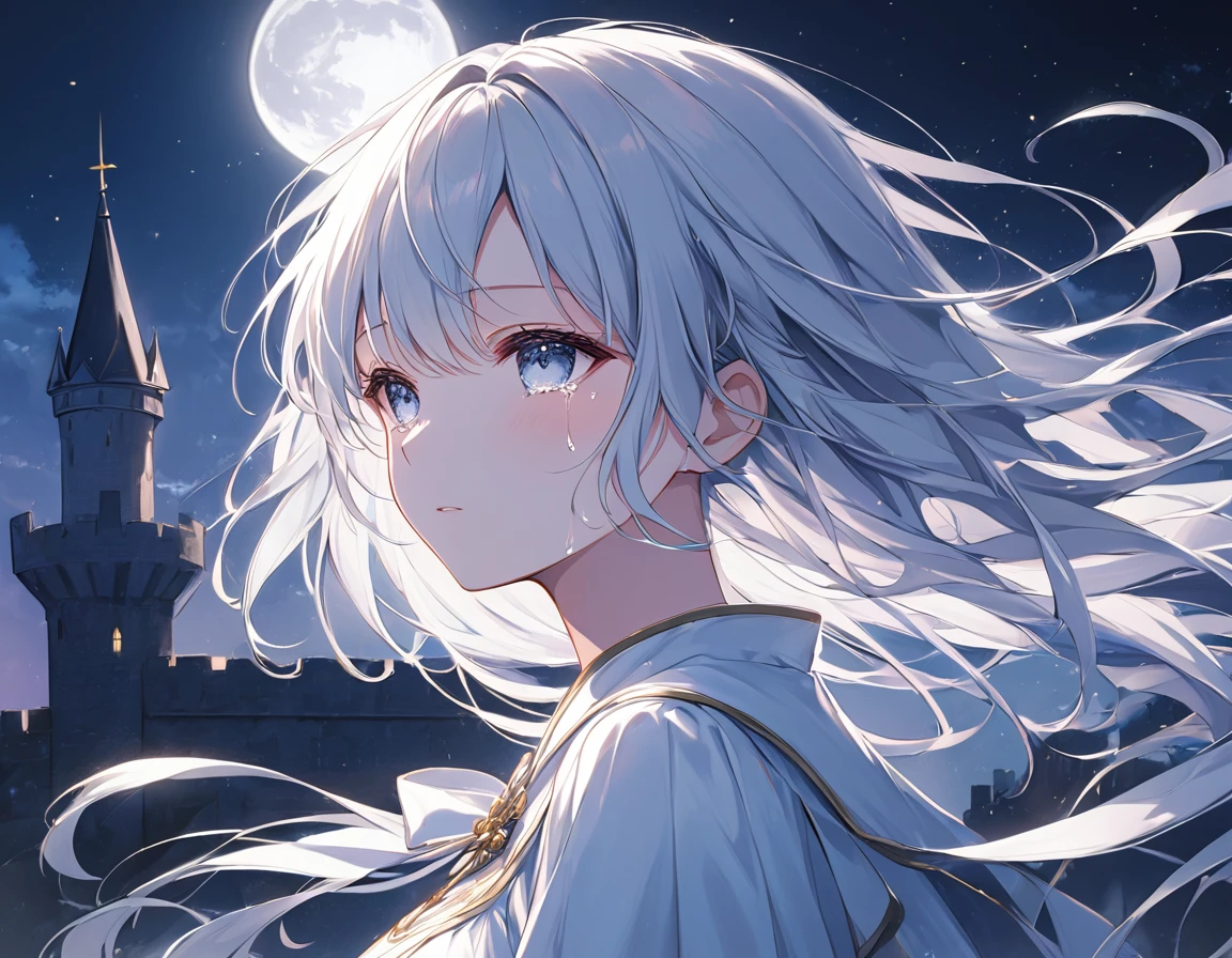 An anime-style painting depicts a serene and poignant scene on the rooftop of a medieval castle. The setting is bathed in the gentle glow of moonlight, casting a mystical aura over the ancient stone architecture. In the center, a girl with flowing silver hair stands, her tresses shimmering under the moon's light. She turns her head slightly, revealing a face with porcelain skin that seems to emit a soft, ethereal mist against the backdrop of the deep night sky. Her eyes, filled with tears, glisten with a melancholic beauty, capturing a sense of longing and sorrow. The moonlight casts delicate shadows, enhancing the contrast between her radiant presence and the dark, expansive sky. The scene is imbued with a sense of solitude and emotional depth, inviting the viewer to contemplate the untold story behind her tears. dark,caustics,colorful,gorgeous light and shadow, The girl's pale skin,her lips are slightly open to reveal her teeth,and her (blue eyes) eyes are blur and dreamy. mottled light and shadow, white hair, side face,