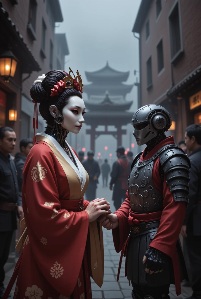 Amidst a Murano wedding shrouded in a crepuscule gloom, an Asian mechanical Queen presides, her face a perfect synthesis of porcelain grace and cold circuitry. A wandering Cyberpunk Ronin, his armor enhanced with wires on the side, watches the surreal ceremony unfold, a symbol of dystopian solitude. The scene is painted with the rich textures and shadowed depth of the Barbizon school, evoking both beauty and despair.