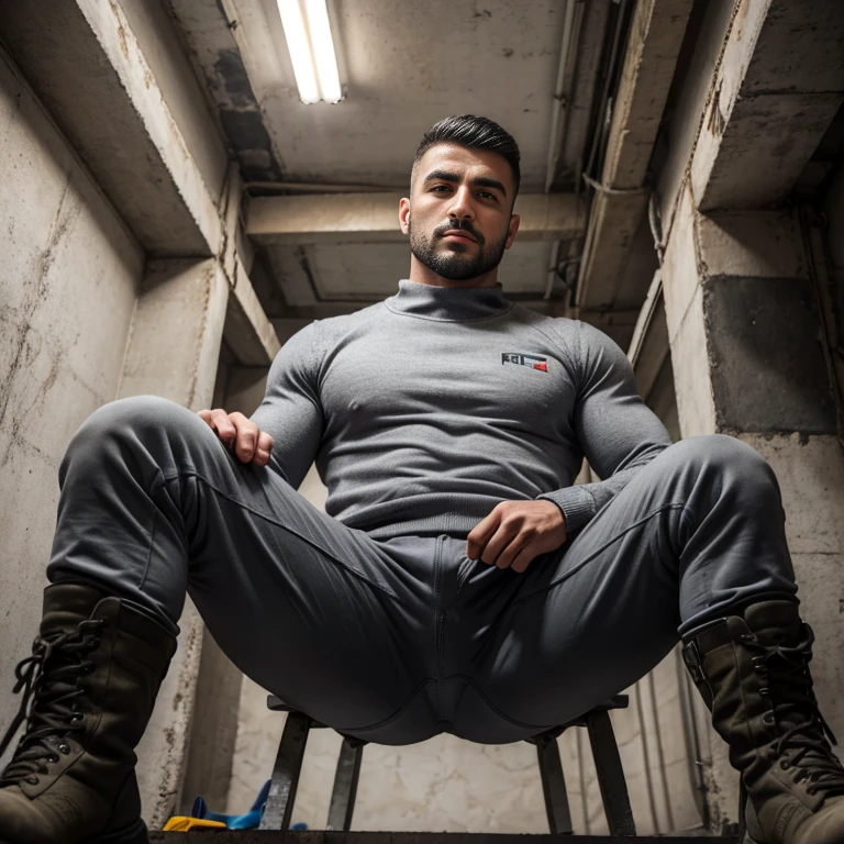 40 year old physical education teacher, en boxers, with a very large and long bulge in the crotch, sentado en una silla, front facing camera, guapo latino.