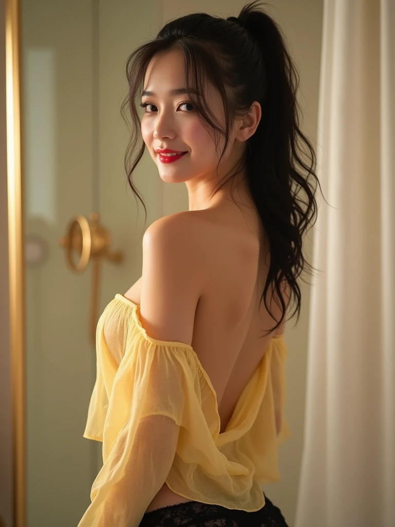 (8k, RAW photography, top-quality, master-piece:1.2), (reality, real light:1.37), ultra-detail, high-res, 1 girl, viewer look, beautiful detailed face, smile, pajamas, large boobs, beautiful detailed skin, skin texture, floating hair, Professional lighting, Square glasses with black edges, The entire human body, brunette hair