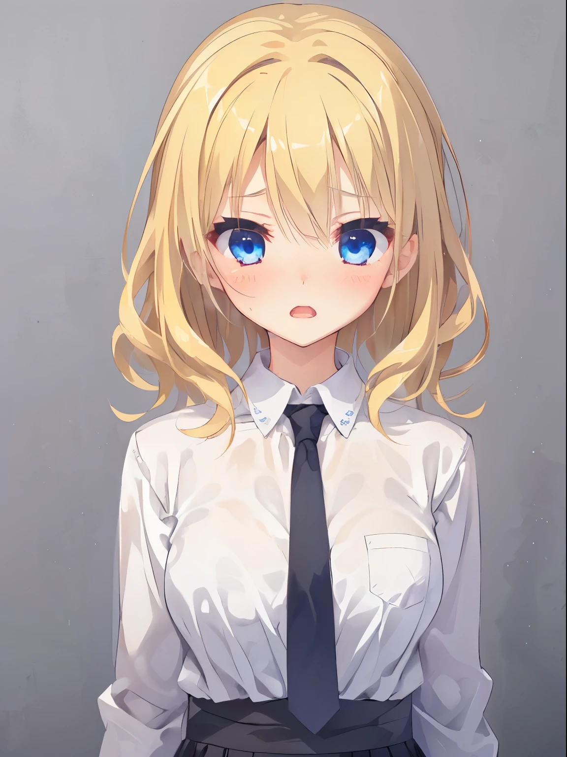 (surprised, blush, open mouth), Japan, 1 girl, upper body, (facing viewer, looking viewer), standing straight, (blue eyes, (blonde hair), (wavy hair:0.65), medium hair, medium breast), (white shirt, black necktie, black pencil skirt), (gray background), Sharp Focus, (Best Quality, masterpiece, detailed, facial focus)