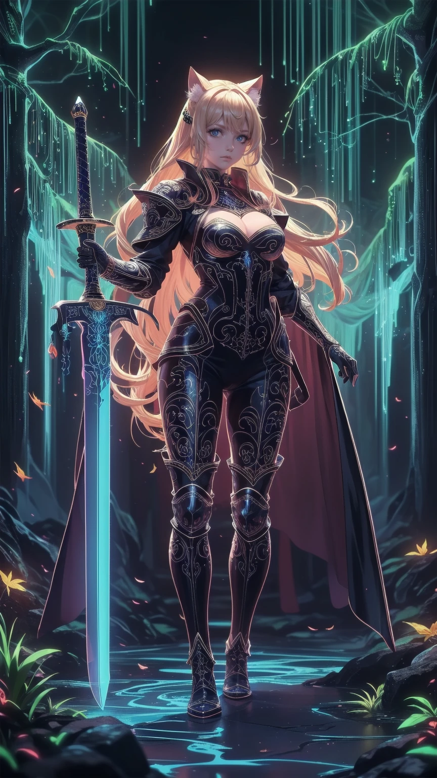  Fantasy Art , RPG Art, Dark  Fantasy Art ,  ultra wide shot , born, Photographically, 女性の人間Rangerとその (white: 1.4) Wolf Pets, Ranger,  very beautiful human woman ,  long blond hair  ,  braid hair, Green Eyes, wear leather armor, wear (red cloak: 1.1), Armed (sword: 1.3), wear laced boots,  standing n a fantastic fall forest,  fantasy forest  ( Intricate Details , masterpiece,  best quality: 1.5), (In the fall: 1.5), Orange, red, Tan leaves , Lots of trees, Water flow ( Intricate Details , masterpiece,  best quality: 1.5), waterfall ( Intricate Details , masterpiece,  best quality: 1.5), an epic white cat stands near her, Sparkling blue eyes, On the waist,  fantasy autumn forest background ,  best quality, 16k, [ super detailed], masterpiece,  best quality, ( super detailed), whole body,  ultra wide shot , Kyutō slasher 
