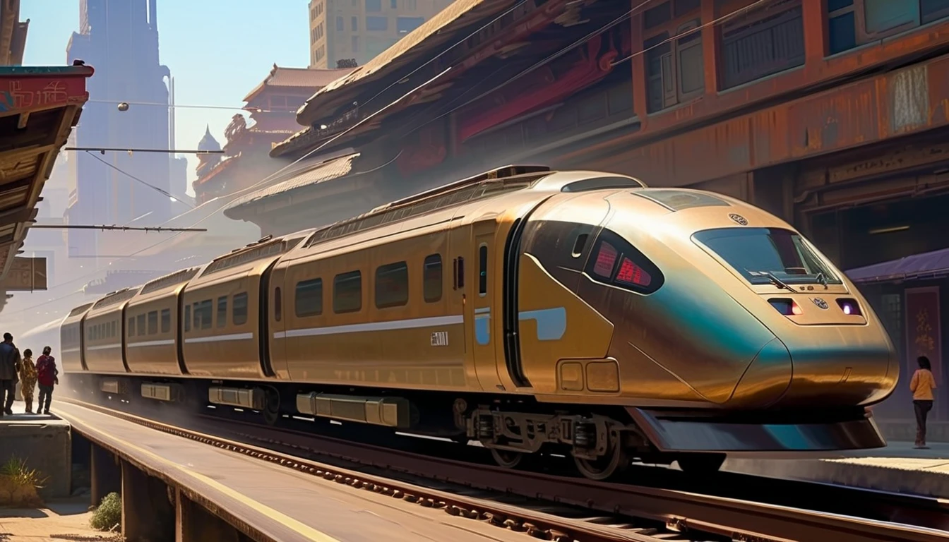 A painting of a sci-fi train passing through futuristic Chinese city，people standing on railroad tracks, Inspired by Stephen Cordell, amazing concept painting, Craig MullinsGreg Rutkoski, by Craig Mullins, Inspired by Craig Mullins, Highly realistic concept art, Dappled lighting by Craig Mullins, Steam engine matte paint, James Gurney painting style, Highly detailed 4K painting, craig mullins style