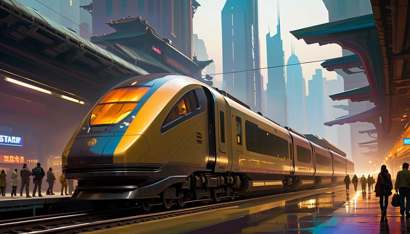 A painting of a sci-fi train passing through futuristic Chinese city，people standing on railroad tracks, Inspired by Stephen Cordell, amazing concept painting, Craig MullinsGreg Rutkoski, by Craig Mullins, Inspired by Craig Mullins, Highly realistic concept art, Dappled lighting by Craig Mullins, Steam engine matte paint, James Gurney painting style, Highly detailed 4K painting, craig mullins style