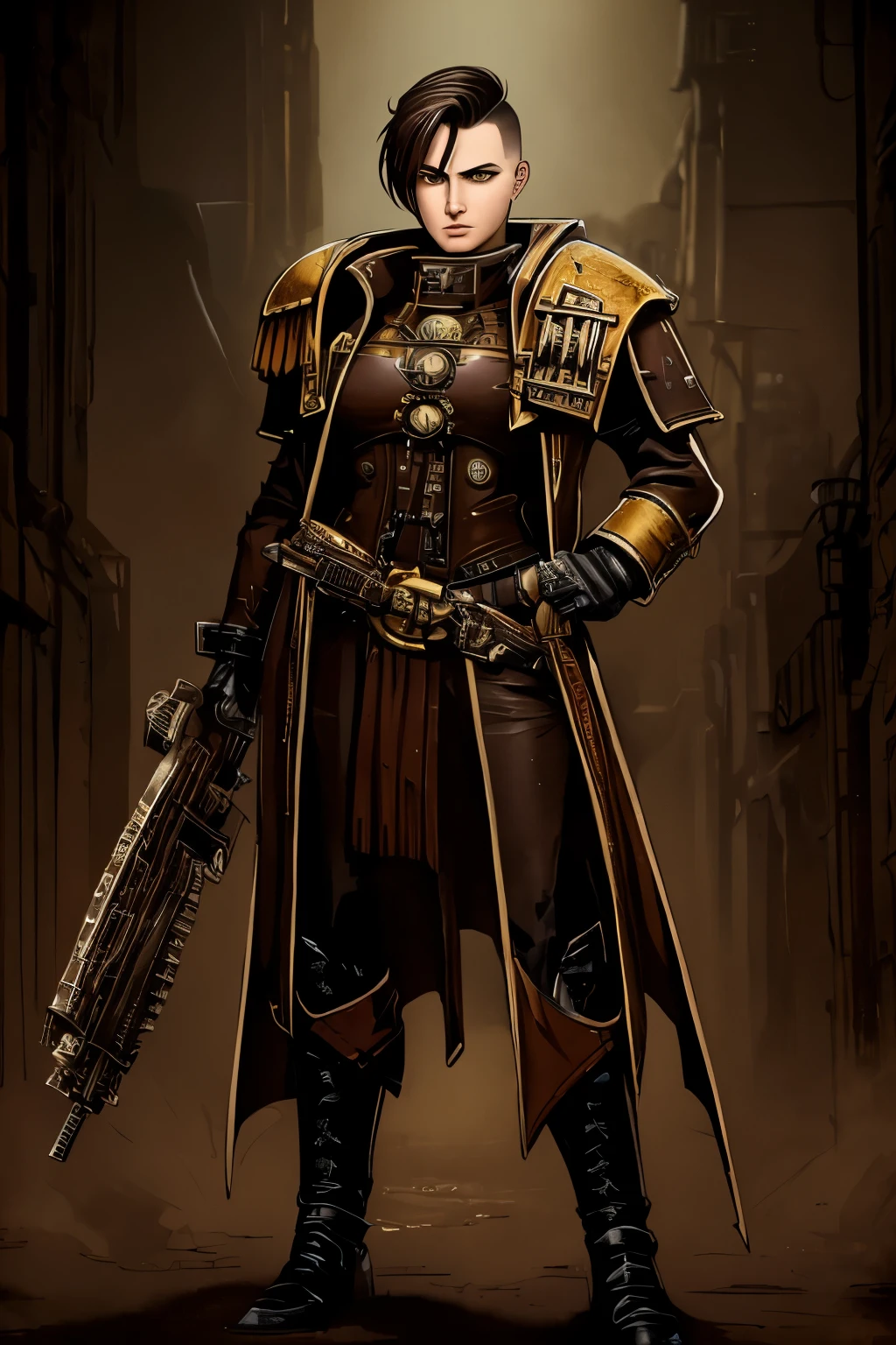 Warhammer 40k Setting: A h young female noble with very short dark-brown undercut. Shaved sides. Tomboyish. Androgynous. Slim. Wide hips. Long thick legs. Extremly pale skin with liverspots. A narrow soft face. Round chin. Curved lips. A long and wide nose. Upturned eyes. Brown eye colour. Very thin eyebrows. Big forehead. Long neck. Extremly pale skin. Freckles. Very short hair. Short manly haircut. Undercut. Sides shaved. Looking Androgynous. Tomboyish. Grim. Melancholic. Dark. Wearing clothing of an warhammer 40k noble. Background: A sinister industrial megacity in a grim warhammer 40k universe. 