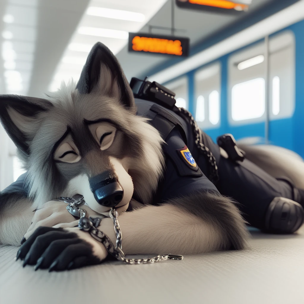 score_9, score_8_up, score_7_up, score_6_up,balto, very extra long haired, anthropomorphic, adult, furry, wolf, wearing a heavy police vest, lying down, panting, transit station,, black tactical uniform, chain collar, adult furry wolf, wavy hair, long slender snout, sleeping, Eyes closed 