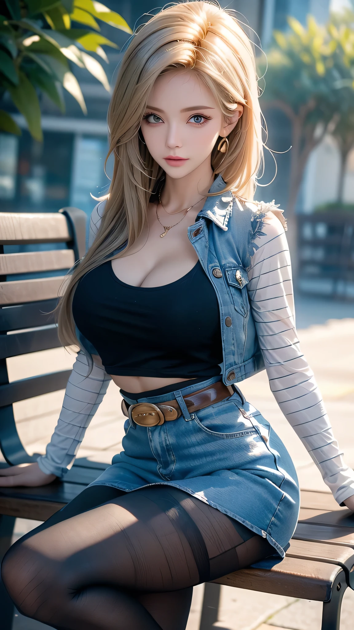 One girl,  Android 18, Blonde,  pretty and sexy girl, She wearing light blonde hair, Medium length shaggy cut hair, She have Very large breasts bouncing, Wearing a very short blue H-line denim skirt, Wearing a denim vest, The denim skirt and denim vest colors match, She Wear long sleeves, It has long sleeves with black stripes at regular intervals on a white background, She wears flesh-colored illusion pantyhose, The pantyhose she wears look like brown stockings, She wore pantyhose and wore white panties over them, wearing a women's Western cowboy-belt, wearing women's Western cowboy-boots, wearing a black t-shirt that exposes deep cleavage, No bra, breast areolas outside a black T-shirt, clearly exposed, She is sitting on the bench, She holds the lower part of her right thigh with one hand, Raises her right thihh, She puts her raised leg on the side of the bench, Her legs are spread, So the denim skirt is pushed up her thigh, The shiny white panties above the pantyhose she is wearing are visible thanks to the raised denim mini skirt and her right thigh, Her panties are slightly visible, She gives me a tempting look, Full of anticipation, She winks with her left eye, boldly and fascinatingly winks her left eye and stares at me intently, bench, outdoor park, four trees around, clear sky, masterpiece