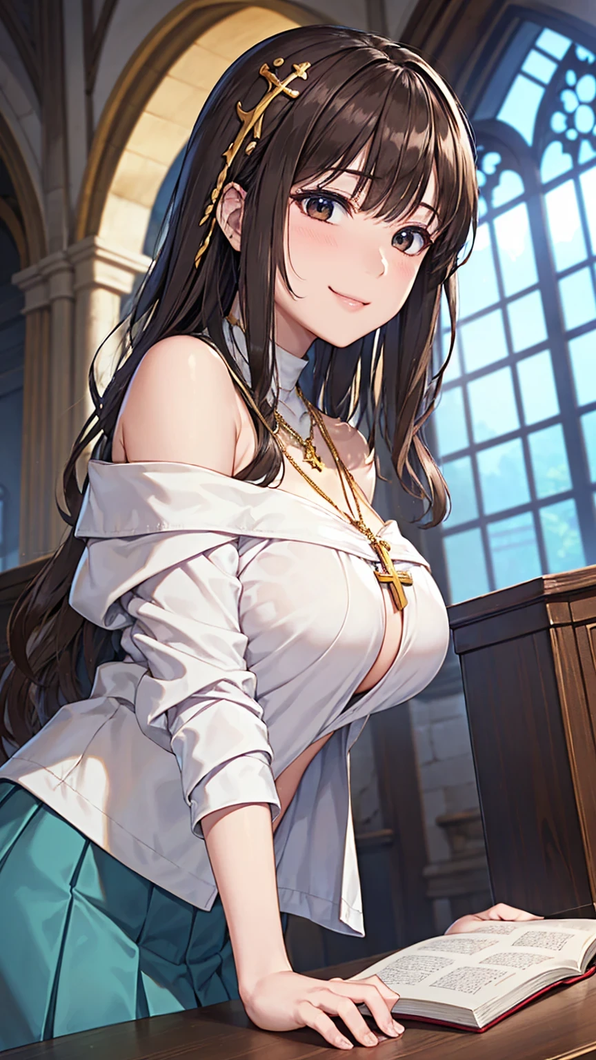 ((Tabletop, Highest quality, High resolution, , Pixel Perfect, 4K,))), 1 female, 、The whole body is visible、 ((Long Wavy Hair, bangs, Brown Hair)), ((Brown eyes, Beautiful eyelashes, Realistic eyes)), ((Detailed face, Blushing:1.2)), ((Smooth texture:0.75, Realistic texture:0.65, Realistic:1.1, Anime CG Style)), Medium sized breasts, Dynamic Angle, Perfect body, (( , , Beautiful Priest、、 Priest off-shoulder jacket、Priest Flare Skirt、、)), Gold Hair Ornament、Cross Necklace、、Very embarrassing panic smile, 、Gorgeous church basilica、、Hold a big Bible、Leaning forward、Stick your butt out、Lace pink panties、Sitting on the floor、Nipples are slightly visible、、、、、 、Angle from below)、