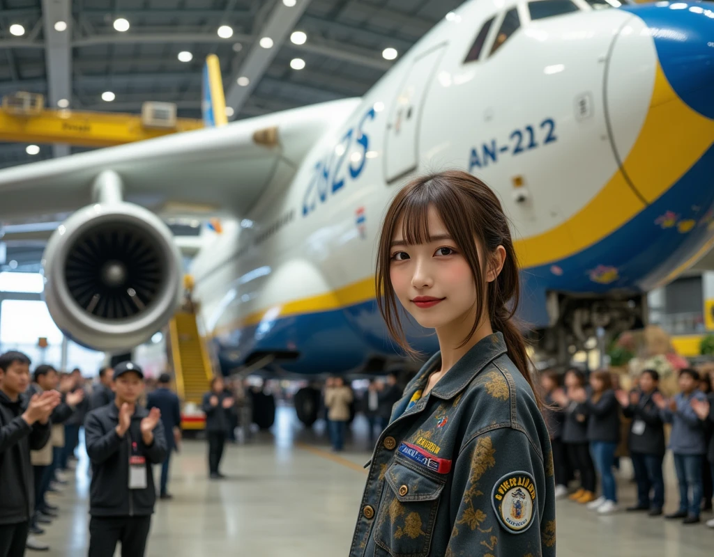 ultra-realistic, photorealistic, dramatic scene, shadow, global-illumination, solo, (20 years old Japanese famous idol girl:1.5), very beautiful fragile Japanese girl, very beautiful with very cute face, (aircraft mechanic, detailed face skin texture:1.2), (wearing an oil stained mechanic's outfit with jacket:1.2), She is standing by the wing of the aircraft, there is a impossibly huge aircraft of Antonov AN-225 aircraft that was completely repaired and repainted, at the spacious Aircraft hangar lavishly decorated to celebrate the completion of aircraft restoration, flowers, Many Ukrainian people attending the celebration ceremony, white airplane with yellow and blue lines, the aircraft has 3 jet engines per wing, (huge tail H-wing), (Large main wing attached to the upper end of the fuselage of an aircraft:1.5), (front side view of the aircraft), She looks so happy, smile, everyone is clapping hands, confetti