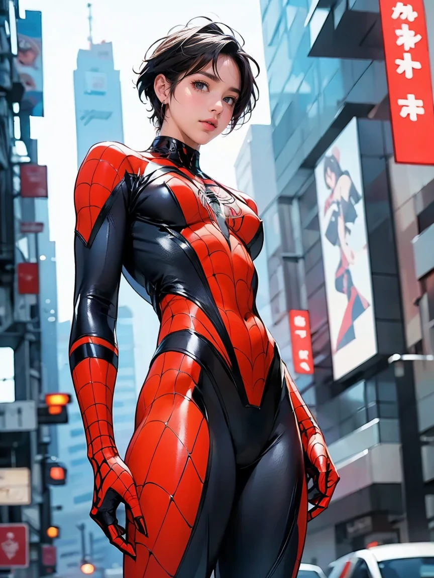 (Masterpiece, 4K resolution, ultra-realistic, highly detailed), (red costume superhero theme, black polka dots, charismatic, girl on top of the city, wearing white Spider-Man costume, superheroine), , (blue hair in ponytails:1.2), full-body, (blue eyes:1.2), (Spider-Man dynamic poses) ((gritty urban environment):0.8)| (urban landscape, nighttime, dynamic lights), (full moon))]