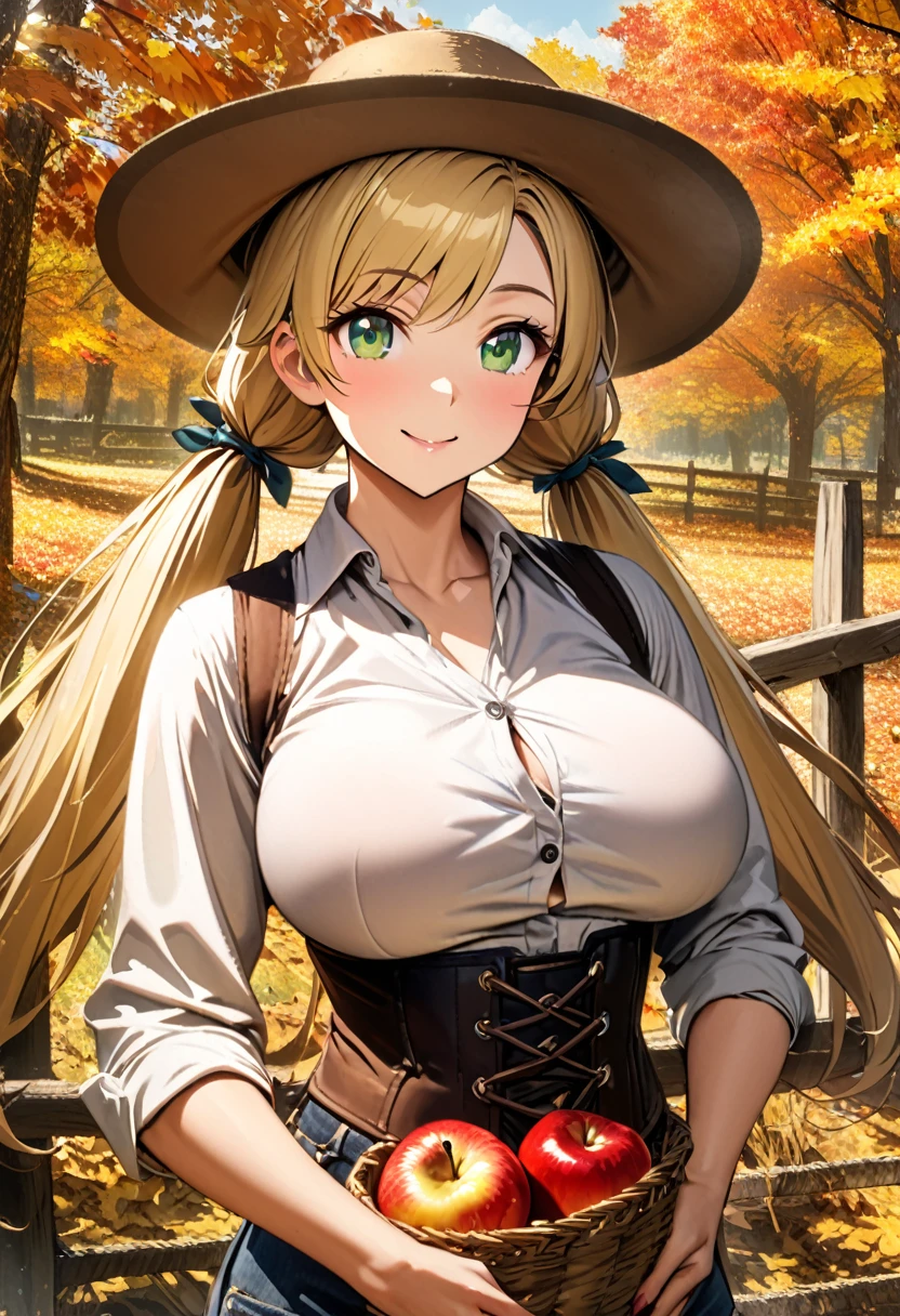 a woman with long blonde hair, long thick twin tails, green eyes, big rim hat, wearing farm clothes with a underbust corset, well detailed, smiling, big breasts, trees in the background, HDR, ultra resolution, well defined, masterpiece, 8K HD. (solo woman), autumn, fall colors, harvest time, New England, tomboy, athletic build, 1950’s, shirt unbuttoned, apple farm
