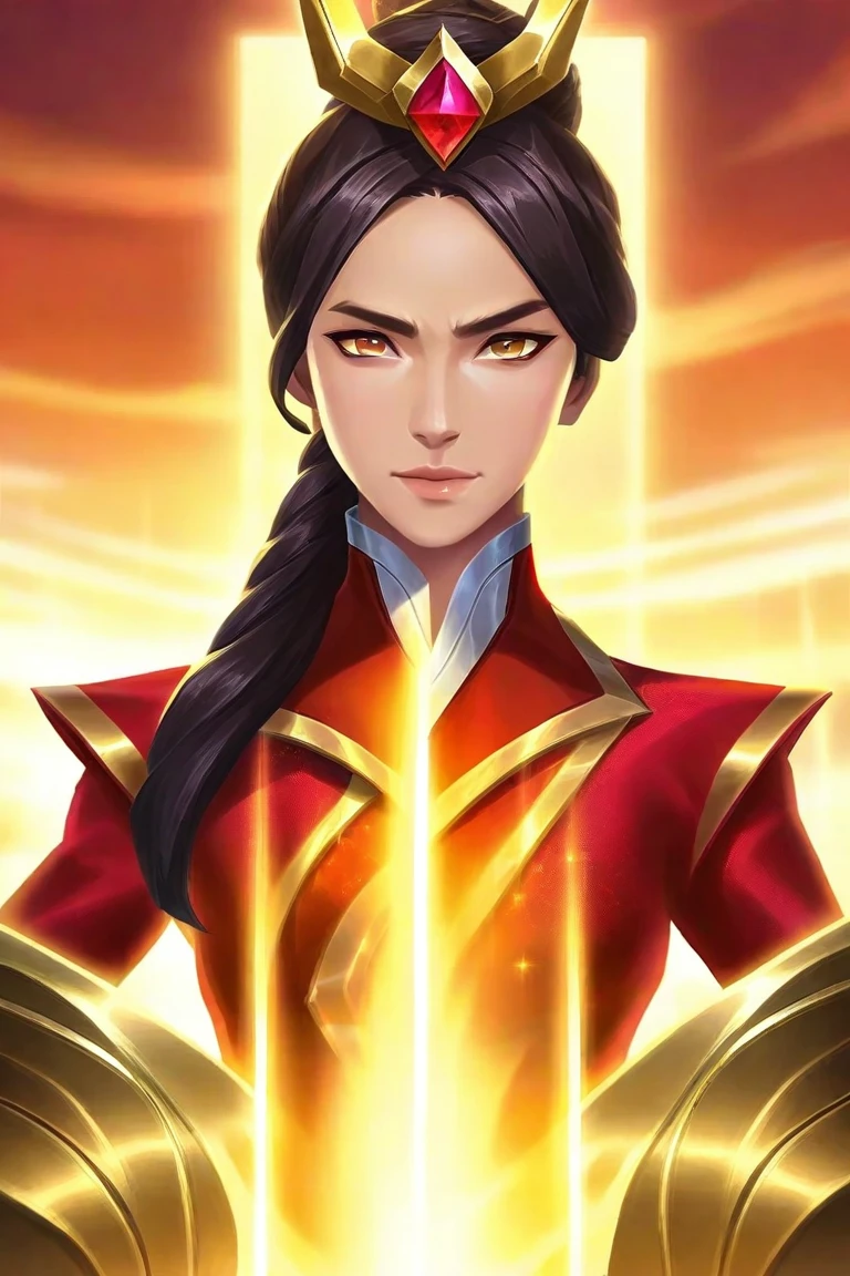 "A dramatic scene at a luxurious beachfront villa during sunset in Mobile Legends Bang bang: a beautiful young woman named Julia Baretto with elegant features resembling a modern fantasy hero is standing confidently, dressed in an intricate red and gold warrior outfit inspired by mobile gaming aesthetics. She holds a glimmering blade and gazes with determination at a charismatic man in a sleek modern suit who looks taken aback. In the background, another woman watches from the shadows with a subtle, melancholic expression that named Bea Alonso. The scene is hyper-realistic with cinematic lighting and vivid details, capturing emotions and tension in a visually striking way that named Gerald Anderson."