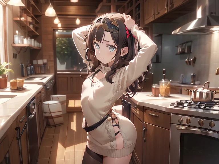 (small breasts:1.3), (perky chest:1.1), (pointed chest:1.0), (fashion magazine cover:1.3),(from below:1.0),(from side:0.9),masterpiece, 1girl, Amazing Cleavage:1.1, thin waist, big ass, Raised sexy, small breast: 1.3, posed cleavage:1.2、solo, looking at viewer, open mouth, have a cute grass of cute beergrass,black hair, dark green eyes, dress, bare shoulders, jewelry, collarbone, sidelocks, hairband, earrings, indoors, off shoulder, :o, sweater, arms behind back, plant, short hair with long locks, gild hairband, off-shoulder dress, sweater dress, off-shoulder sweater, red sweater, dark gord hair, big side hair, very long side hair,is rendered in (masterpiece: 1.2, best quality), with (ultra high resolution) and an exquisite (depth of field). This masterpiece is not only visually stunning but also tells,A scene of cooking in the kitchen by classroom