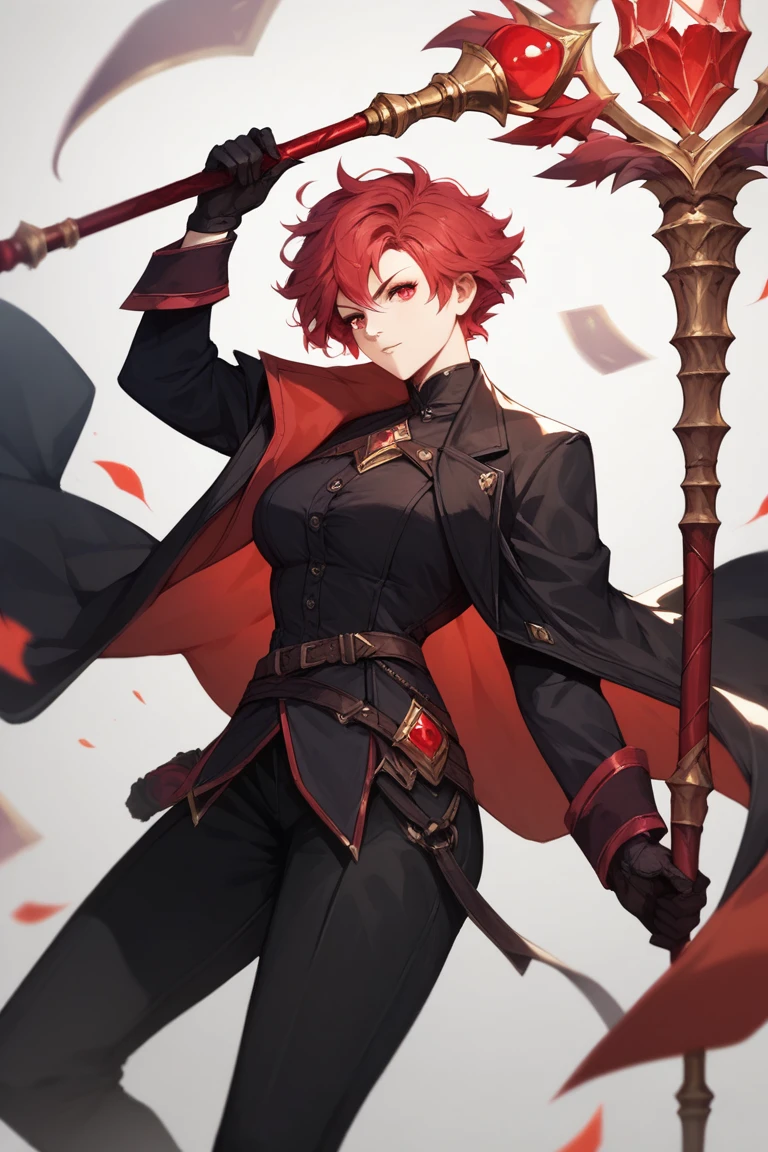 Solo female,Red eyes, long red hair with scepter,Black robe,Equipped with gloves, Black Pants , black shirt