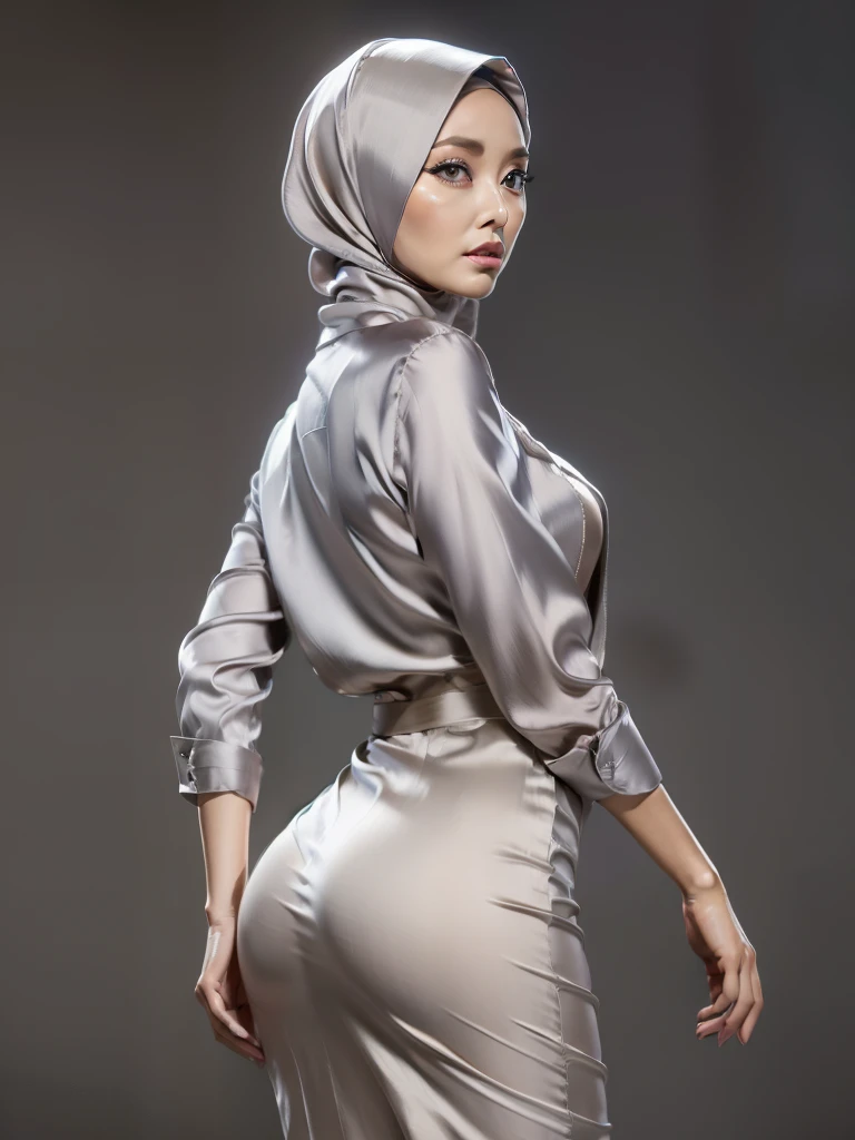 (Masterpiece, best quality) detailed, character sheet, ((a woman, beautifully makeup, eyeshadow, beautiful big eyes, long eye lashes, wearing (Taupe satin hijab), ((gray satin shirt)), satin long maxi skirt)), photography, detailed skin, realistic, photo-realistic, 8k, highly detailed, full length frame, High detail RAW color art, diffused soft lighting, shallow depth of field, sharp focus, hyperrealism, cinematic lighting, yokai illustration style, Aztec art, style artgerm, full of details. Standing Symmetric Centre, facing the viewer, gray background.protruding ass, perfect ass, waist shot