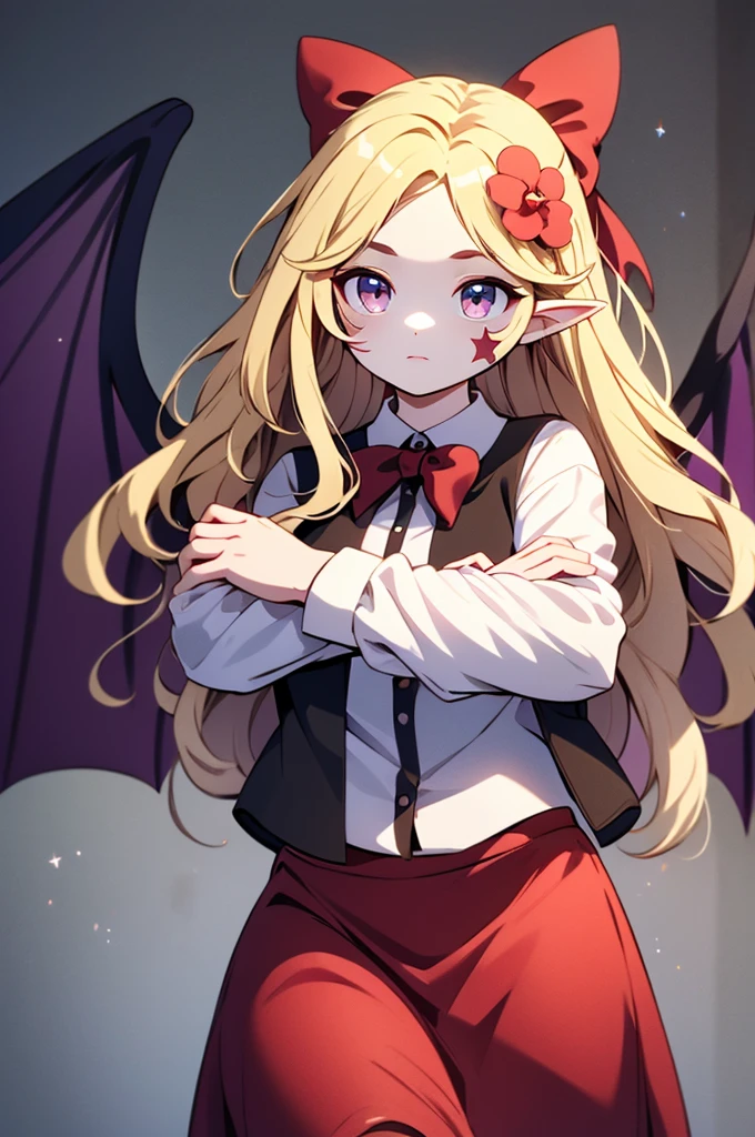 an animated drawing of a female with wings, clean line drawings, ultra cute girl, ultra cute face, ultra detailed eyes, ultra detailed hair, ultra cute, ultra beautiful, ((high end)), (UHD picture), (best quality,4k,8k,highres,masterpiece:1.2), top-quality(​masterpiece), top-quality, ultra-detailed, highly detailed texture, intricate details, high quality textures, masterpiece, best quality, perfect quality, perfect anatomy, perfect body, perfect symmetrical face, perfect hands, perfect feet, (two arms:1.2), (two legs:1.2), (five fingers each:1.2), (perfect joint:1.2), perfect joint movement, precise fingers and hands, 1 beautiful girl, 1 girl, alone, solo, , , ((())), ((ish)), (Best Quality, hight resolution), extremely detailed and lifelike, Vibrant colors, simple background, very long hair, forehead visible bangs, hair flaps, hair ribbon, hair ornament, hair flower, blonde hair, well-formed face, blonde eyes, facial mark, Star-shaped marking on left cheek, devil girl, bat wings, open vest, red vest, red collar, white blouse, long sleeves, long red skirt