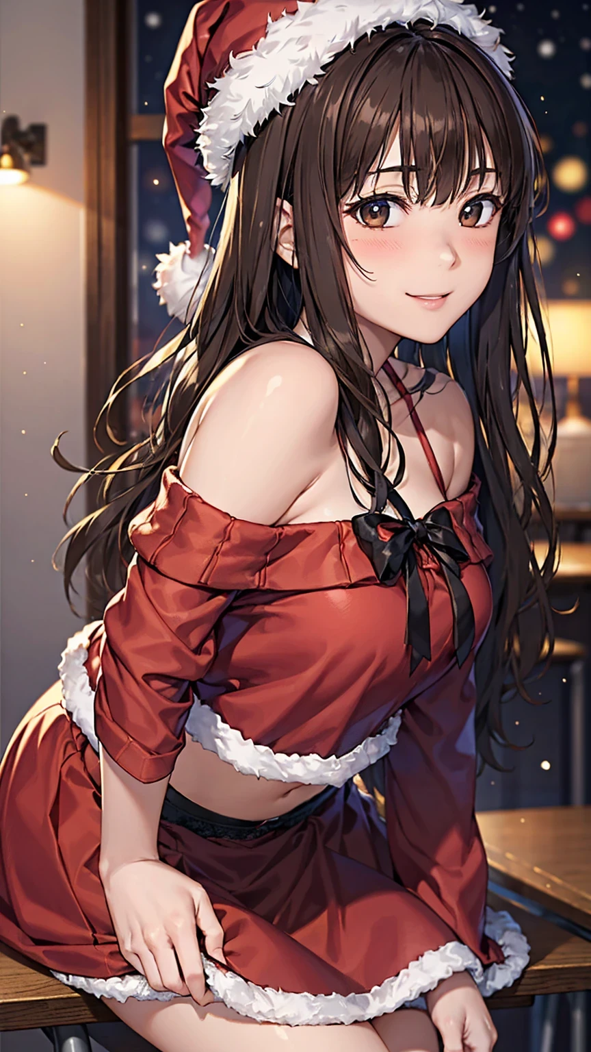 ((Tabletop, Highest quality, High resolution, , Pixel Perfect, 4K,))), 1 female teacher, single, alone, beauty、The whole body is visible、 ((Long Wavy Hair, bangs, Brown Hair)), ((Brown eyes, Beautiful eyelashes, Realistic eyes)), ((Detailed face, Blushing:1.2)), ((Smooth texture:0.75, Realistic texture:0.65, Realistic:1.1, Anime CG Style)), Big Breasts, Dynamic Angle, Perfect body, (( , , Santa Claus Cosplay Hat、 Santa Claus Cosplay Off Shoulder Sweater、flare skirt、Floral lace panties 、)), 、、Very embarrassing panic smile, 、、classroom、、、、Stick your butt out、Leaning forward、Bring your arms together、 、Angle from below)、