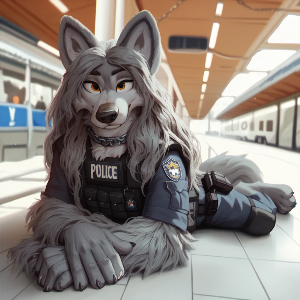 score_9, score_8_up, score_7_up, score_6_up,balto, very extra long haired, anthropomorphic, adult, furry, wolf, wearing a heavy police vest, lying down, panting, transit station,, black tactical uniform, chain collar, adult furry wolf, wavy hair, long slender snout