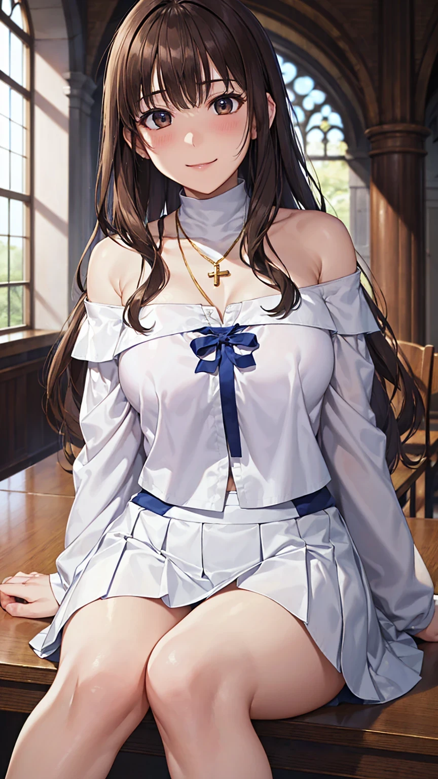 ((Tabletop, Highest quality, High resolution, , Pixel Perfect, 4K,))), 1 female, 、The whole body is visible、 ((Long Wavy Hair, bangs, Brown Hair)), ((Brown eyes, Beautiful eyelashes, Realistic eyes)), ((Detailed face, Blushing:1.2)), ((Smooth texture:0.75, Realistic texture:0.65, Realistic:1.1, Anime CG Style)), Medium sized breasts, Dynamic Angle, Perfect body, (( , , Beautiful Priest、、 Priest off-shoulder jacket、Priest Flare Skirt、、)), Gold Hair Ornament、Cross Necklace、、Very embarrassing panic smile, 、Gorgeous church basilica、、Hold a big Bible、Leaning forward、Stick your butt out、Lace pink panties、Sitting on the floor、Nipples are slightly visible、、、、、 、Angle from below)、